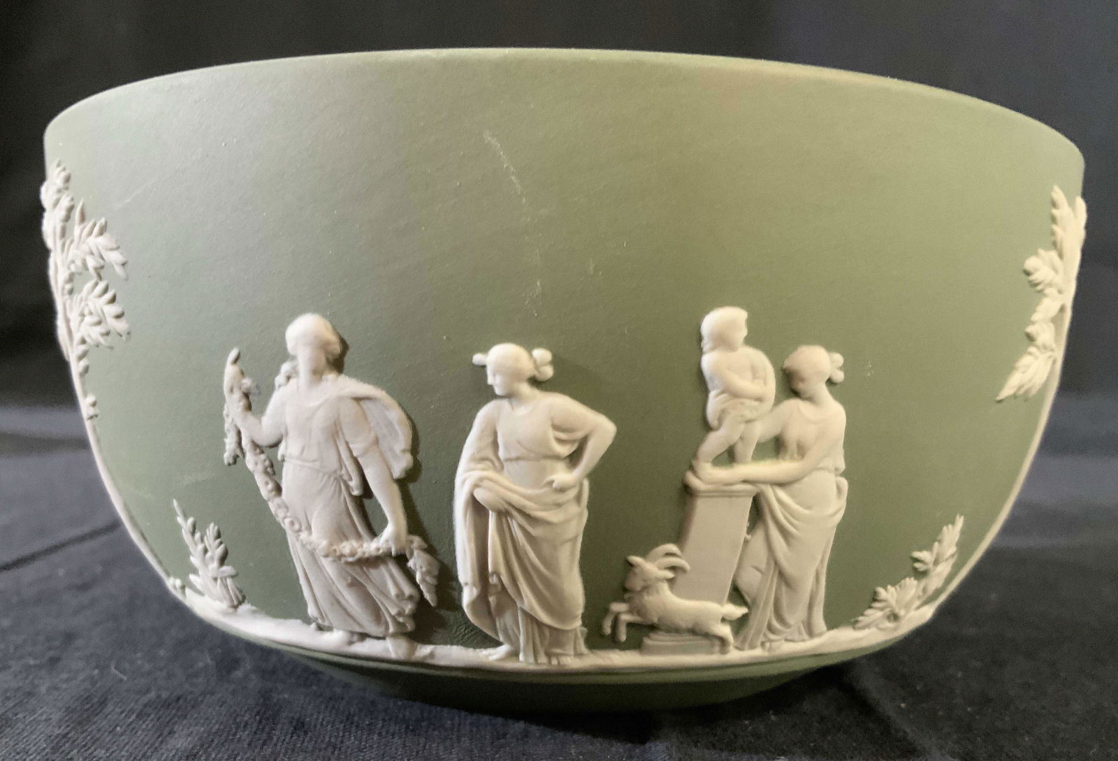Wedgwood Green White Porcelain bowl: Wedgwood porcelain, jasper ware, bisque porcelain, made in England, collectible table ware, measures ht 3 inches diameter 5.5 inches