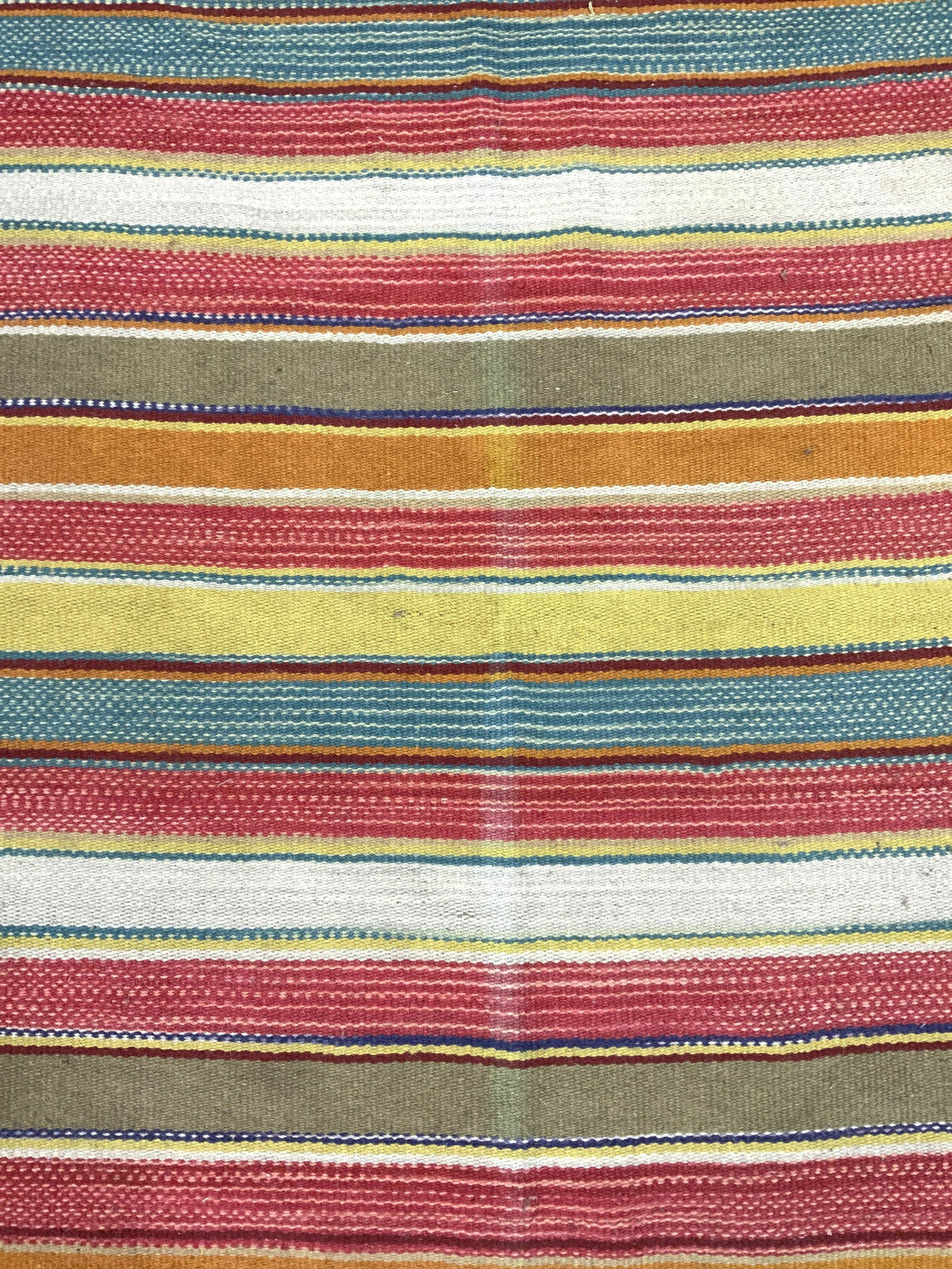 Vintage Handmade Peruvian Striped Wool Rug: Rug is handmade and wool. Piece is antique. Rug contains multi toned geometric detail. Piece measures approx 119 inches long 51 inches wide. Rug, carpet, area rug, wool rug, handmade rug, antique rug.