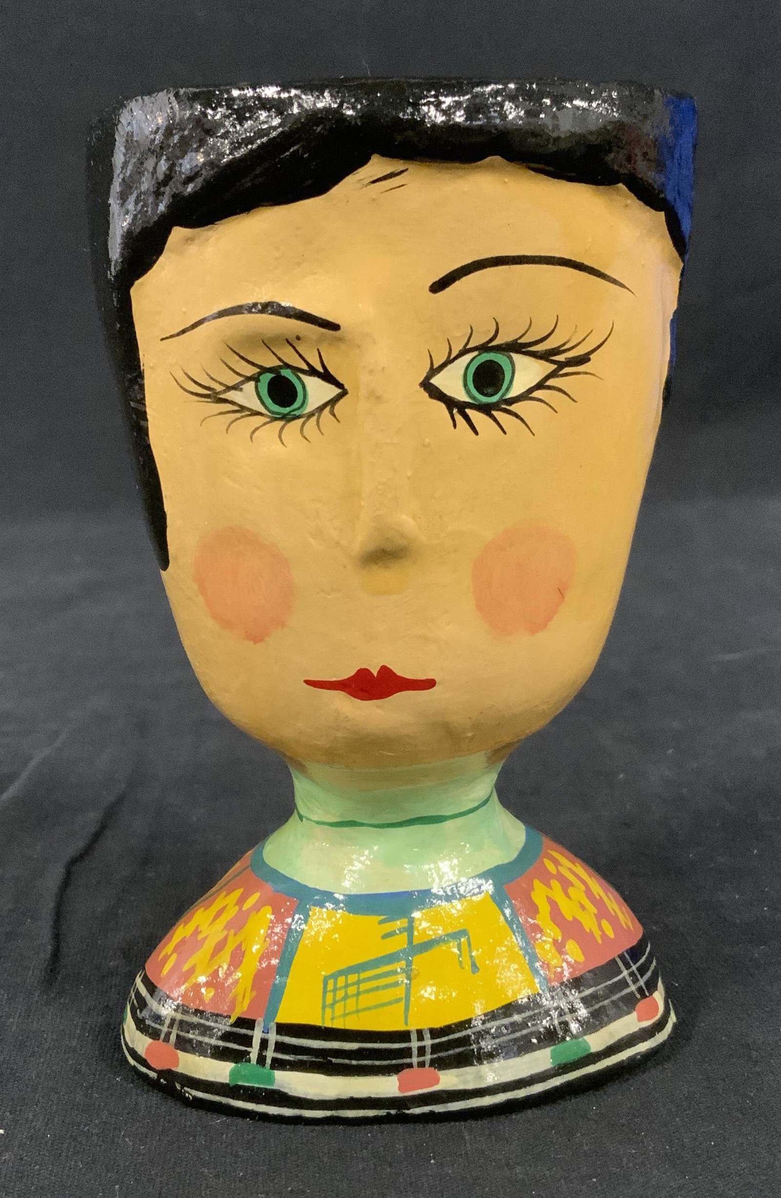 Hand Painted Double Faced Earthenware Cup: Hand painted earthenware cup, possibly clay. Each side of the cup is sculpted and painted to resemble a face, cups are glazed. Clothing detail has been painted onto the figure as well. Measures approx
