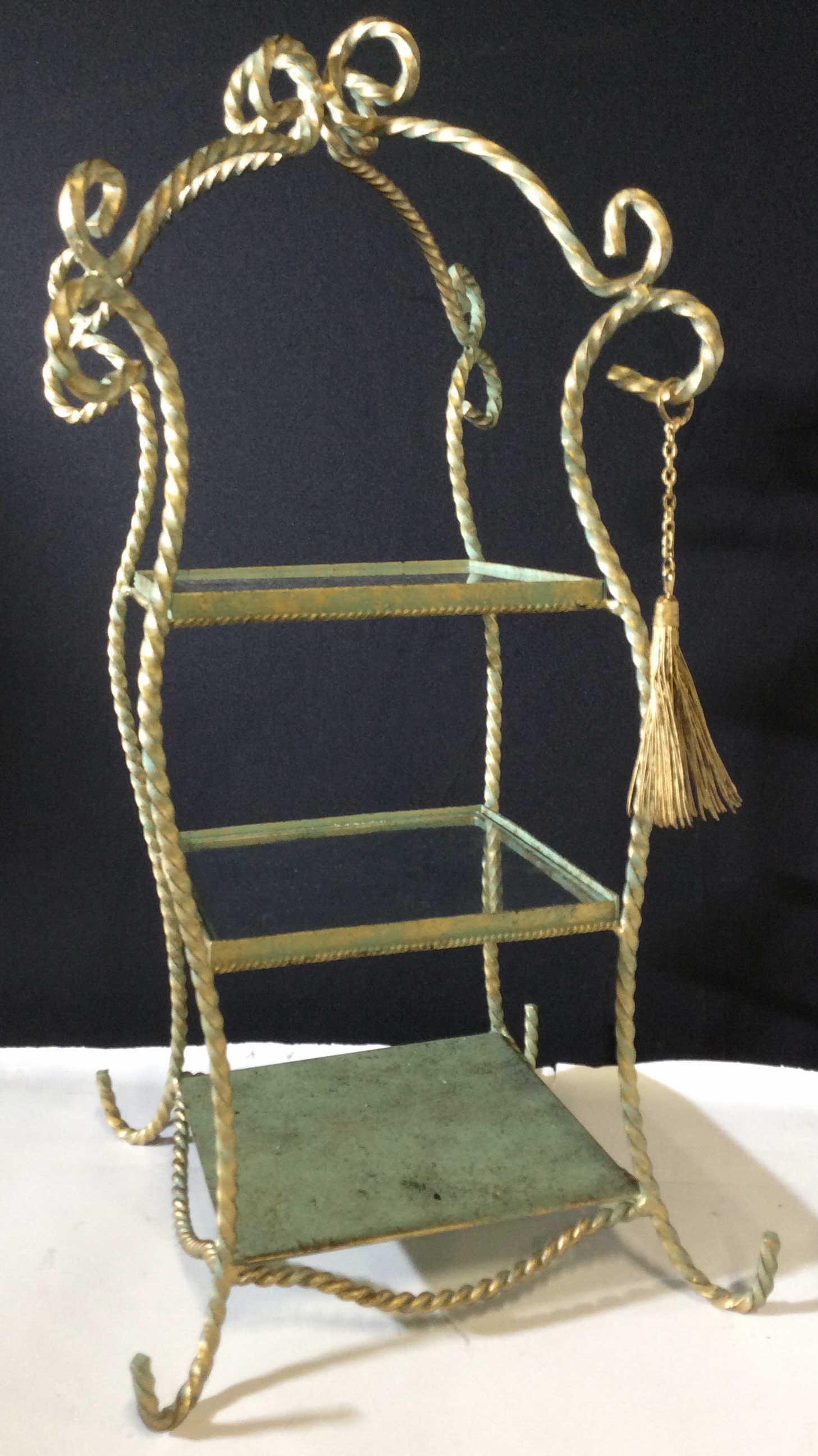 Three Tier Tole And Glass Tabletop Shelf: Antiqued green and gold patina, Twisted Metal designs, Sturdy. 20.5 in ht, 10 in width, shelf size app 6.25 x 6.25 in. Decorative Toleware, Tabletop Shelf, Bathroom Accessory, Kitchen Accessory, Decor