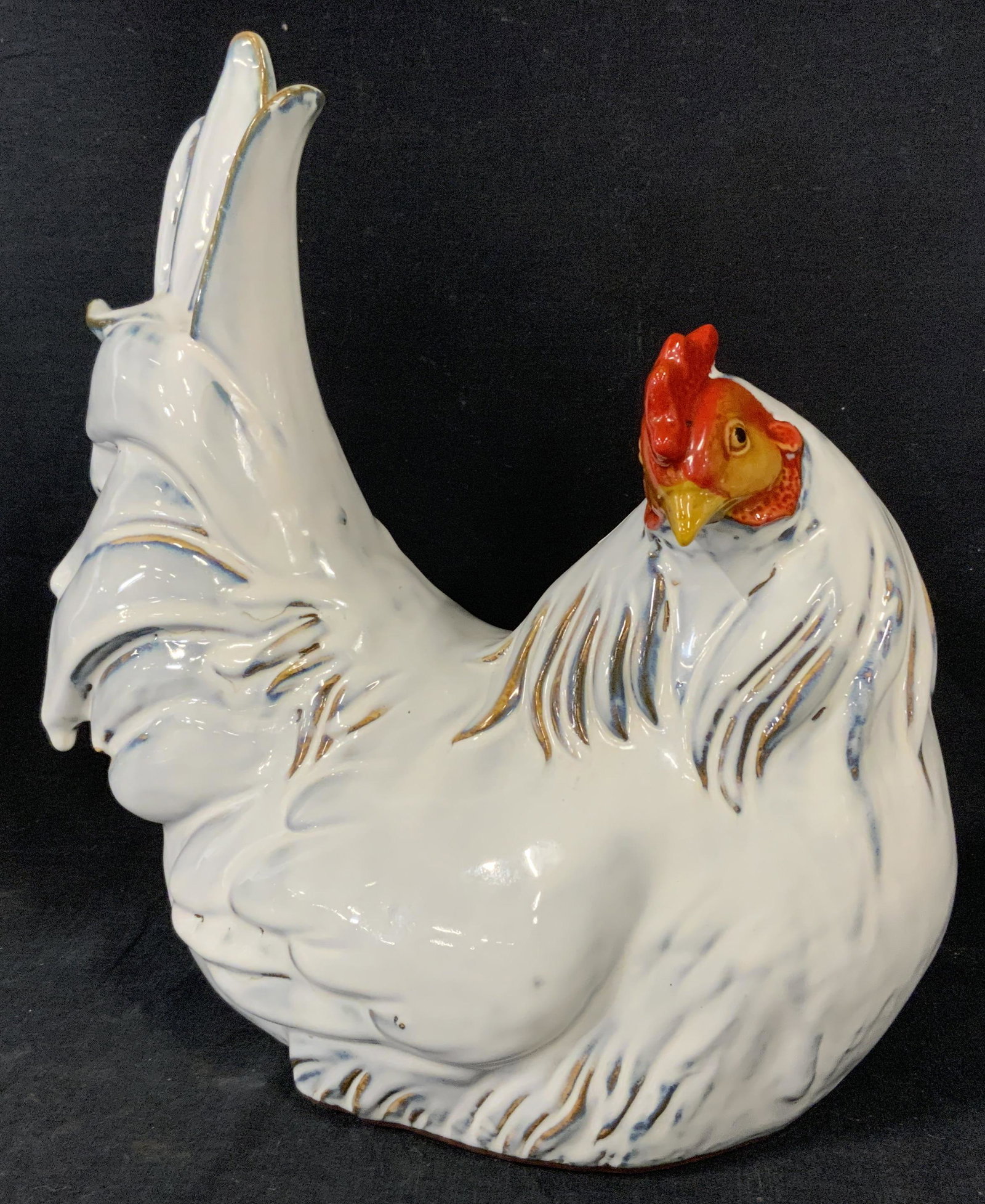 Glazed Ceramic Chicken Figural: Glazed ceramic sculpture, possibly vintage, resembles a chicken. Measures approx 11.5 inches H, and 11 inches long. Wear is consistent with age. Geese, waterfowl, ducks, earthenware, folk art, zoomorp