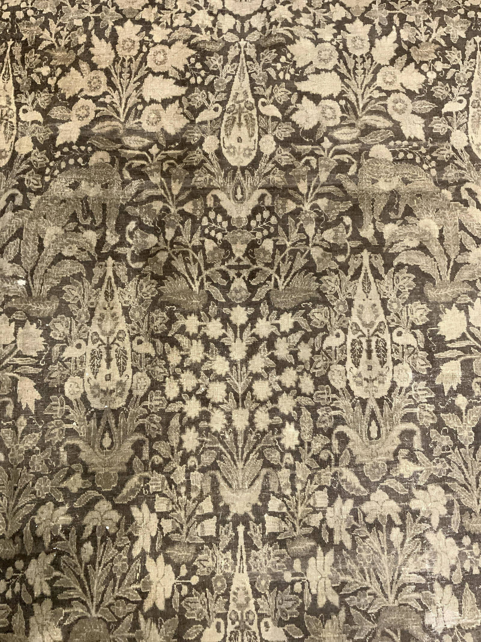 Vintage Oversized Tabriz Handmade Wool Rug: Rug is wool & handmade. Piece is vintage possibly antique. Rug contains sand, beige & brown toned floral, vine & leaf detail. Rug is oversized. Rug, carpet, area rug, Tabriz rug, handmade rug.textile 