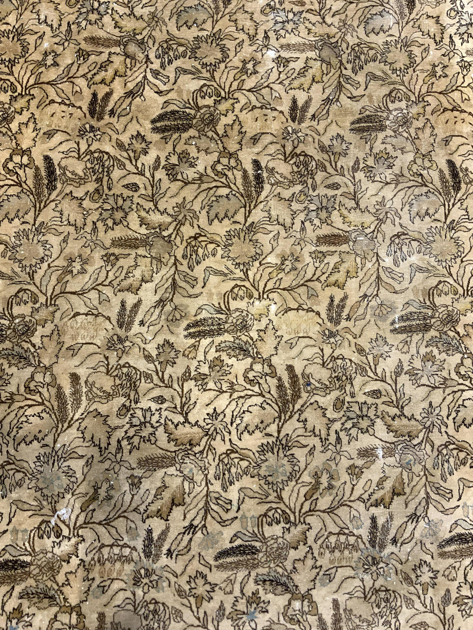 Vintage Oversized Tabriz Handmade Wool Rug: Rug is wool & handmade. Piece is vintage possibly antique. Rug contains sand, beige black, slate green & brown toned floral, vine & leaf detail. Rug is oversized. Rug, carpet, area rug, Tabriz rug, ha