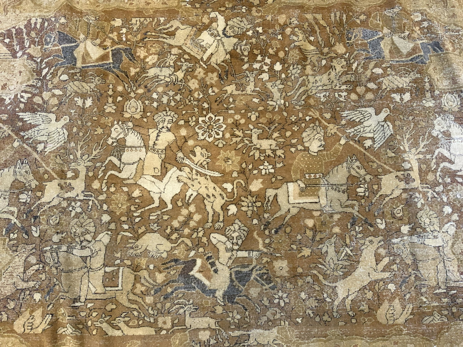 Vintage Oversized Tabriz Handmade Wool Rug: Rug is wool & handmade. Piece is vintage possibly antique. Rug contains sand, beige black, slate green & brown toned floral, vine & leaf detail. Rug is oversized. Rug, carpet, area rug, Tabriz rug, ha