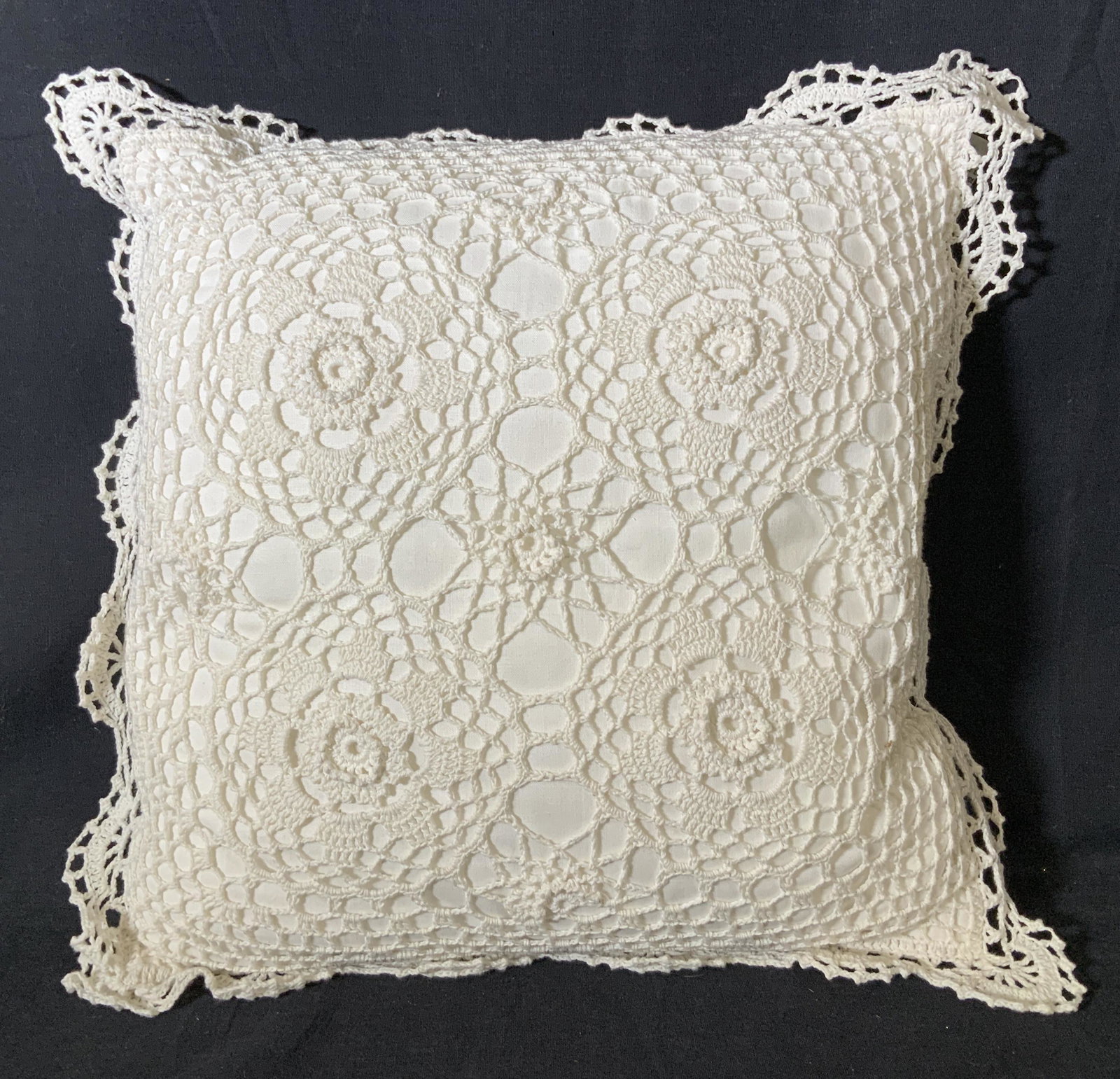Crocheted Throw Pillow: Crocheted throw pillow, label to pillow reads ‘100% cotton’ and includes washing instructions, crotcheted detail, measures 12 3/4 x 12 3/4 inches, in good condition, Crochet, arts and crafts, pill