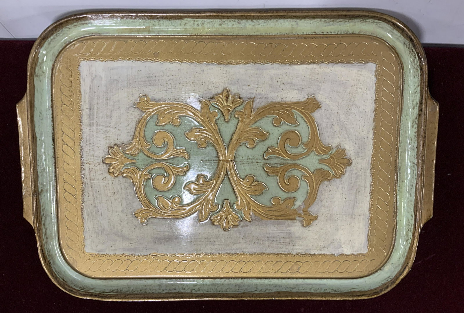 Hand Made Florence Italy Tray: Wood tray with scroll design, label for hand made Florence Italy, measures app 18 by 12.5 inches, Italian decorative arts, tableware,