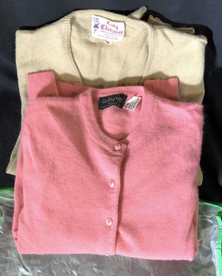 Lot 2 Sweaters, Italian Wool, English Cashmere: 3 pcs total. Carmel colored cashmere pullover Sweater, size 38 , labeled LADY CLANSMAN ENGLISH SPORTS SHOPS BERMUDA 100% Cashmere. Ribbed sleeve cuffs cuffs and waist, V neck. Pink Button down crew ne