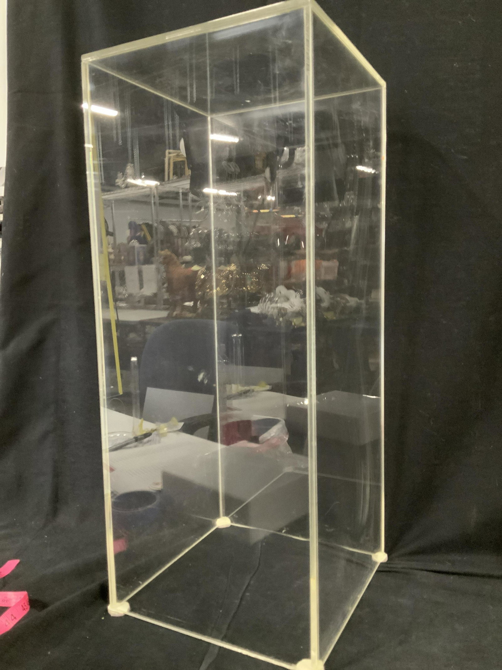 Collectible Mid Century Plexiglass Pedestal: Tall Pedestal Stand, 24 in. Ht x 9 7/8 in. W. Use as a display pedestal, plant stand, art stand, side table pedestal , Display case, more,. 4 furniture protectors under corners, Some wear to surface c