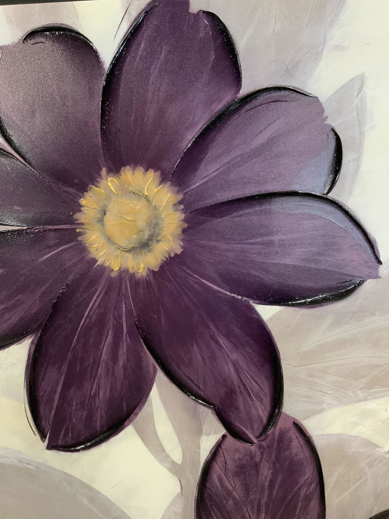 IVO Giclee Artwork of Flowers: IVO Giclee Artwork of Flowers with hand painted elements, signature to lower left reads ‘IVO’, subject large purple flowers, measures 29 7/8 x 29 7/8 inches, not framed, exposed canvas to reverse,