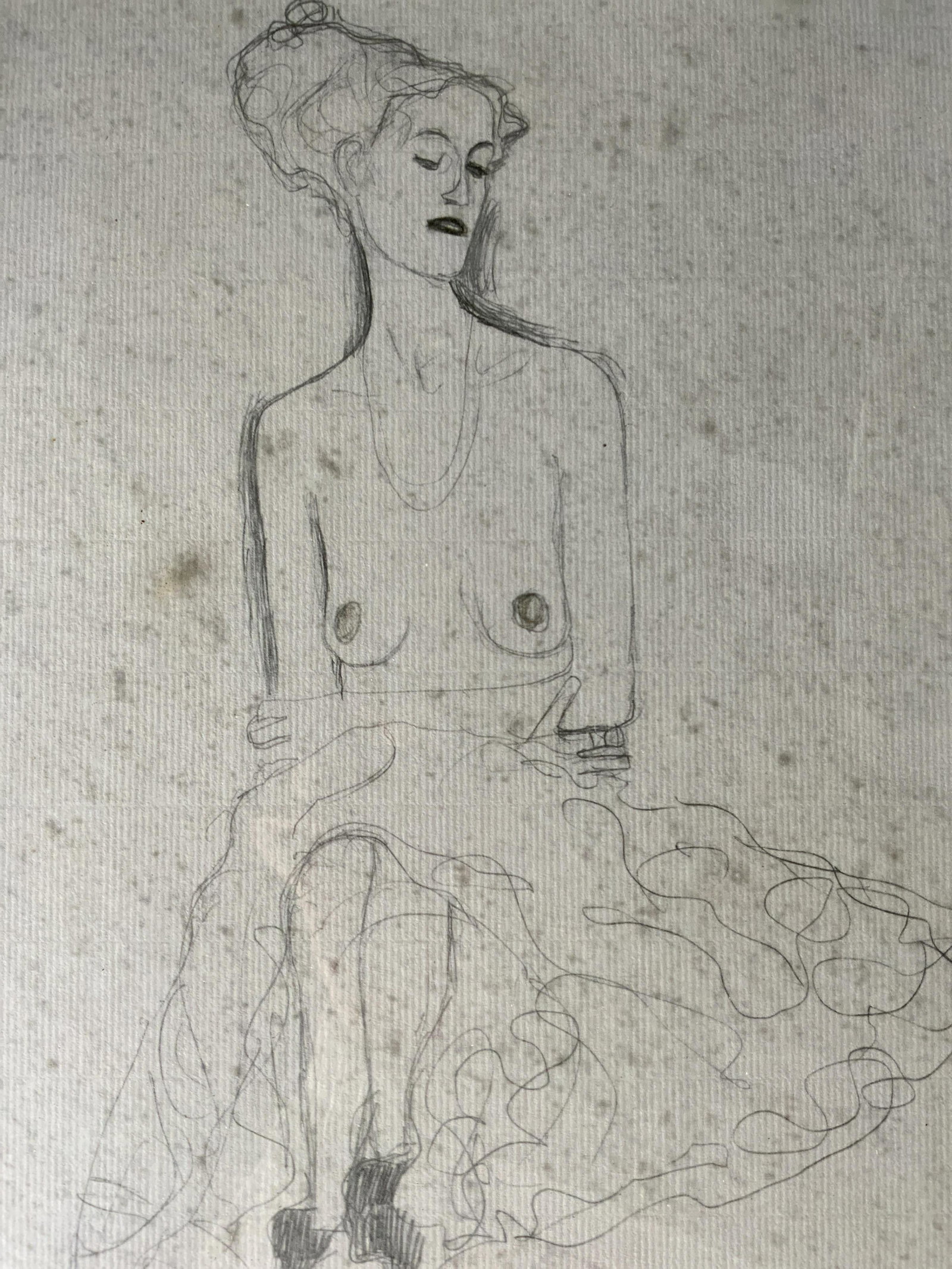 GUSTAV KLIMT Female Nude Offset Lithograph: GUSTAV KLIMT Female Nude Offset Lithograph, inscription to lower right reads ‘GUSTAV Klimt Nachlass’, subject a seated woman, measures 19 1/8 x 14 1/2 inches, silver painted wooden frame, some scr