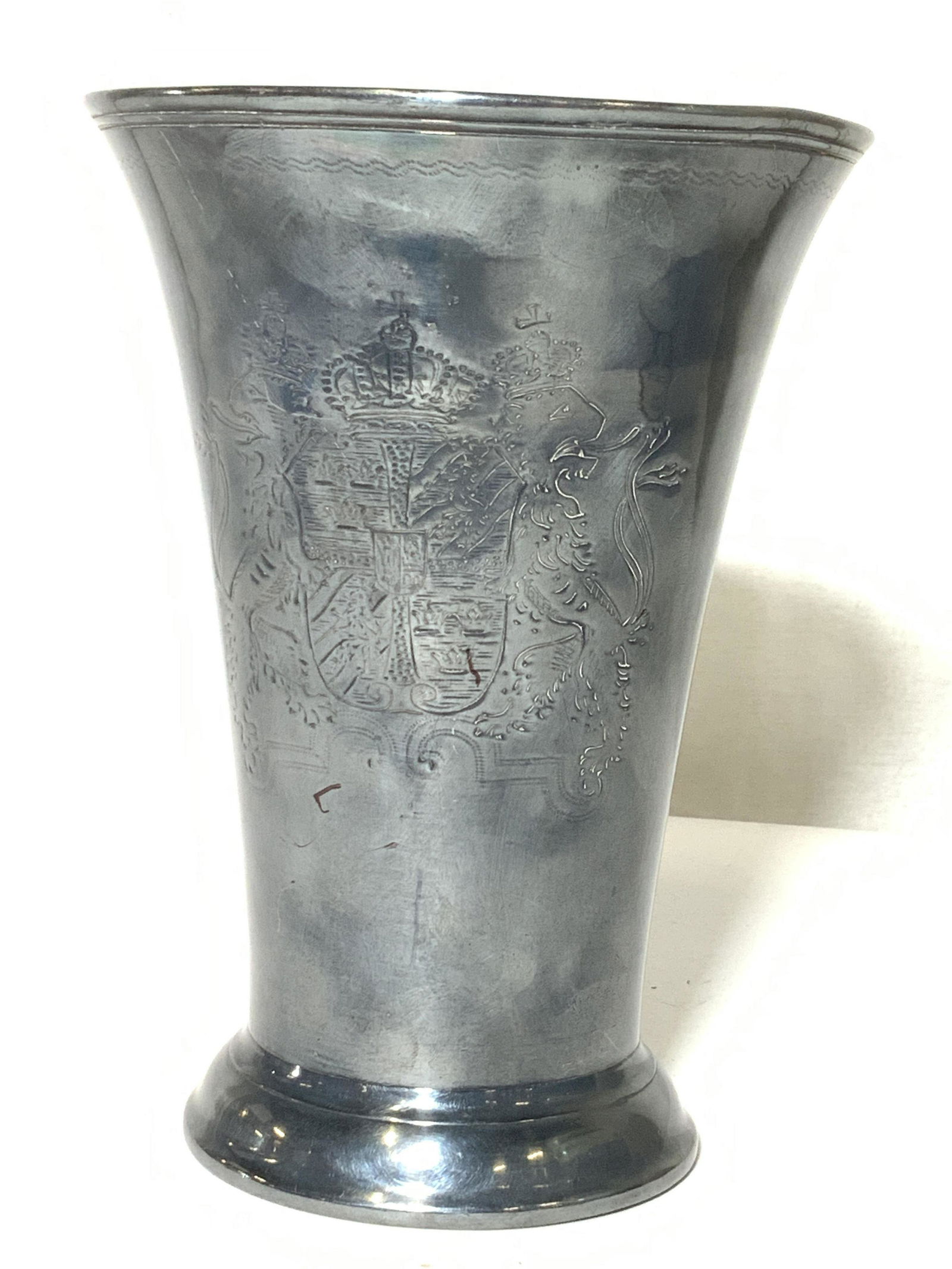 F. SANTESSON ART NOUVEAU Antique Vessel, Stockholm: F SANTESSON - ANTIQUE PEWTER CUP/ vessel/ Vase with SWEDEN COAT OF ARMS - STOCKHOLM . Hallmarked underside F. SANTESSON Stockholm HVIT Metall L6. Small rim dent. 7 1/4 in ht. 5 1/4 in. diameter. PROPE