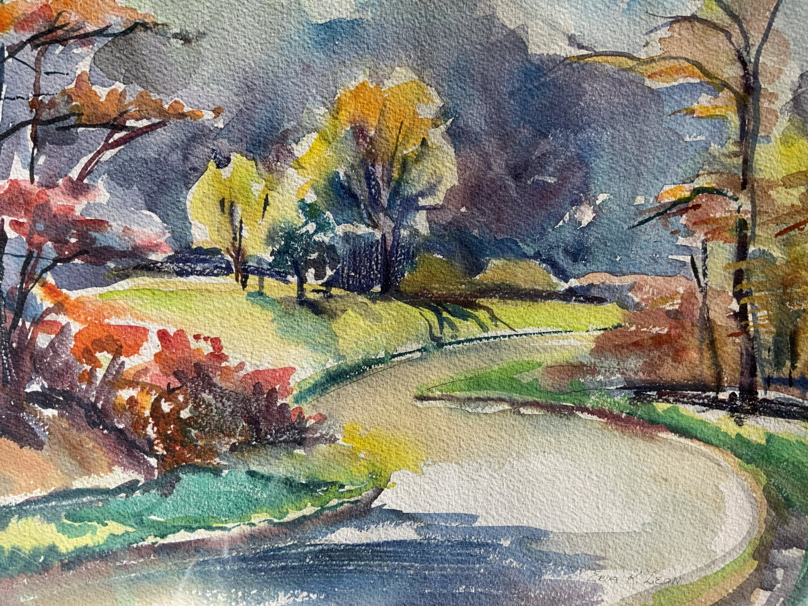 ERNA K LEON Signed Watercolor Painting Artwork: ERNA K LEON Signed Watercolor Painting, signature to lower right reads ‘Erna K Leon’, inscription to reverse reads ‘For Diplomats Photographs Documents’, business card to reverse reads ‘Autu