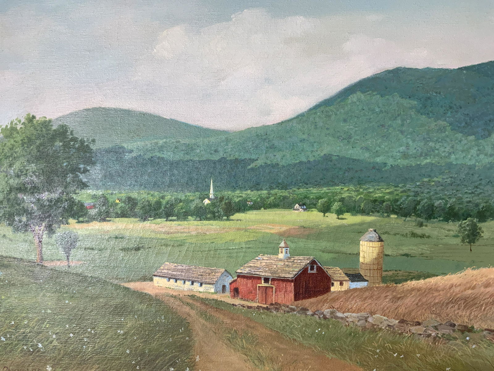 L REYNOLDS Signed Acrylic Painting Artwork: L REYNOLDS Signed Acrylic Painting, signature to lower left reads ‘L Reynolds’, subject a farm in the midst of a field, measures 23 3/8 x 27 1/8 inches, canvas measures 16 x 20 inches, wooden fram