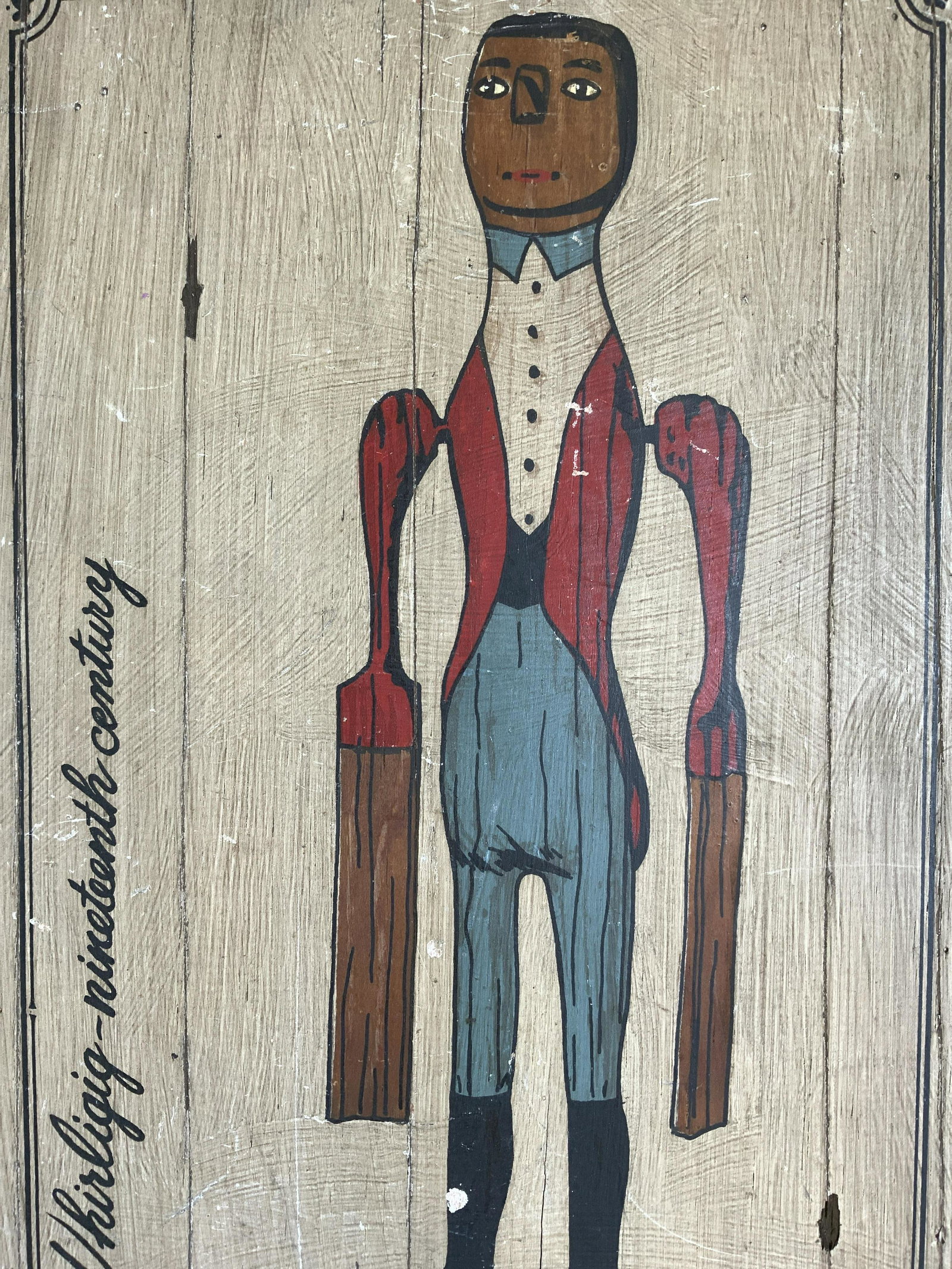 Antique Folk Art Painting On Wood Artwork: Painting is antique. Piece depicts a male whirligig figure. Painting is on wooden plank. Piece measures approx 17 inches tall 11.5 inches wide. Painting reads WHIRLIGIG NINETEENTH CENTURY. Painting, w