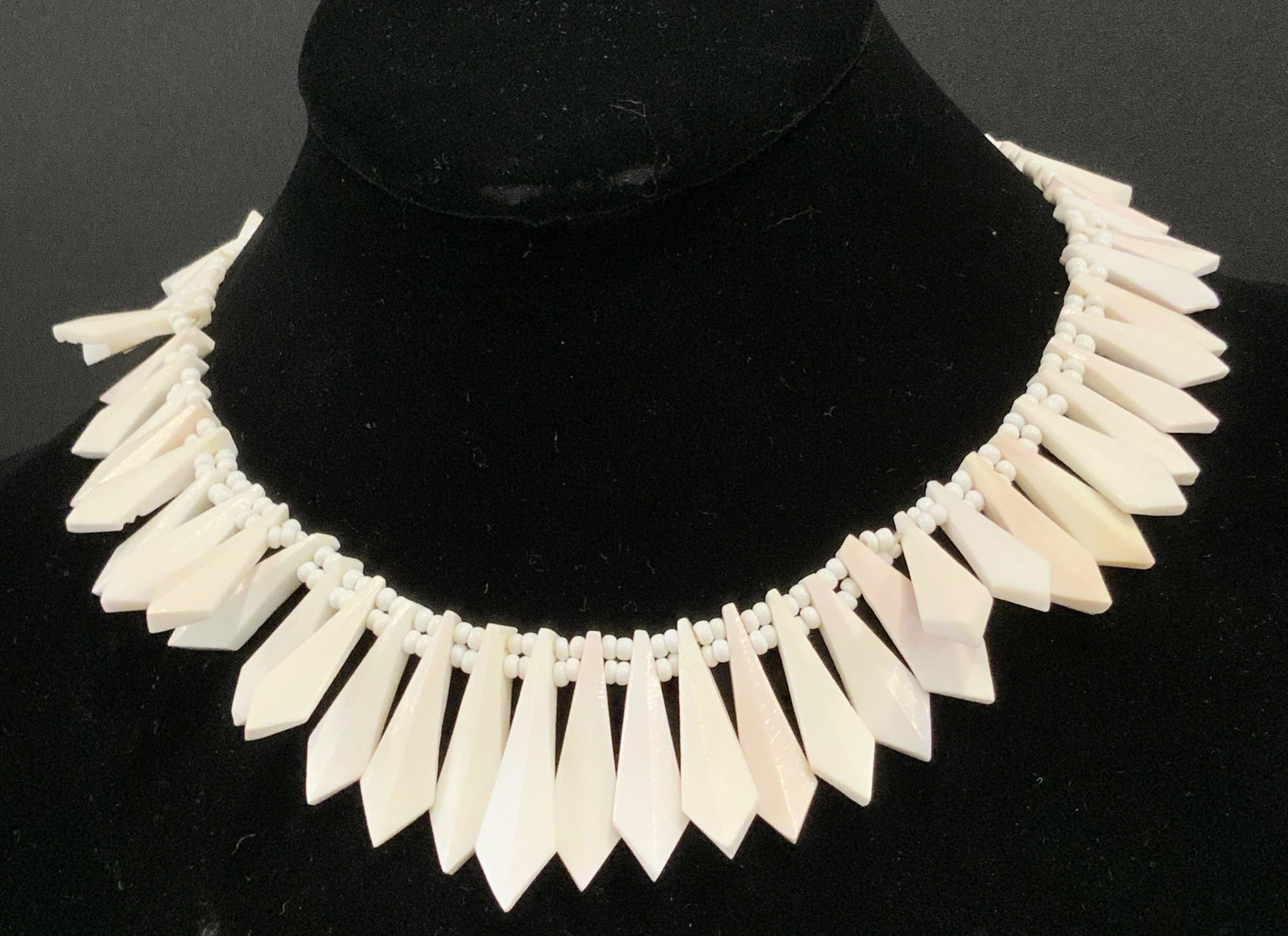 Lot 4 Handmade WHITE SEED BEAD Fashion Jewelry: Two bracelets and two necklaces that can be worn together or separately. Each piece primarily features white seed bead designs. Two pieces, one bracelet & one necklace, are a set and possess stickers 