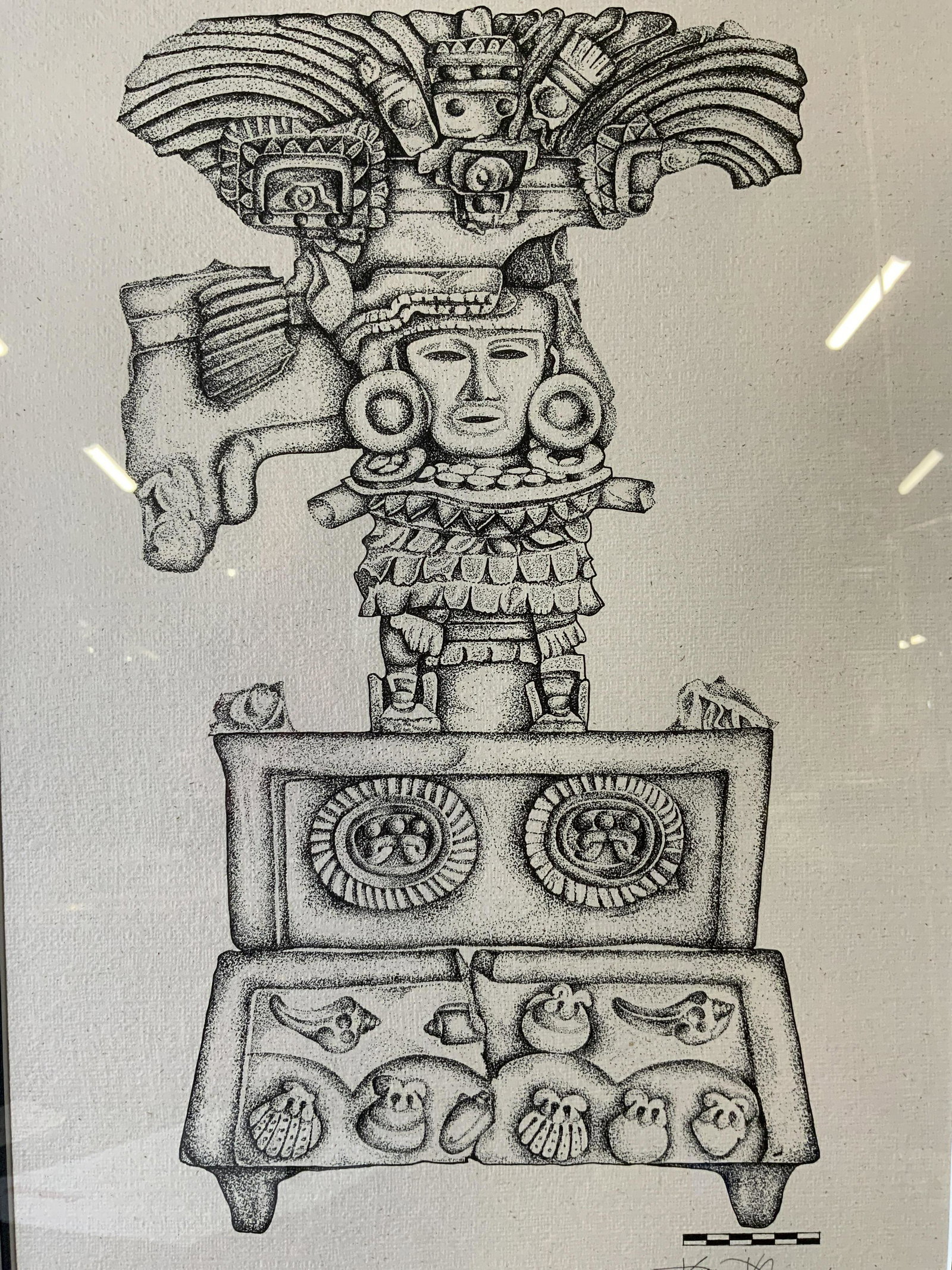 KATHLEEN KLAIRE Signed Mayan Lithograph 1986: KATHLEEN KLAIRE Signed Mayan Lithograph, signature to lower right reads ‘Kathleen KLAIRE 86’, label to reverse reads ‘J Pocker Bespoke Frames & Prints since 1926’, subject a stylized sculpture