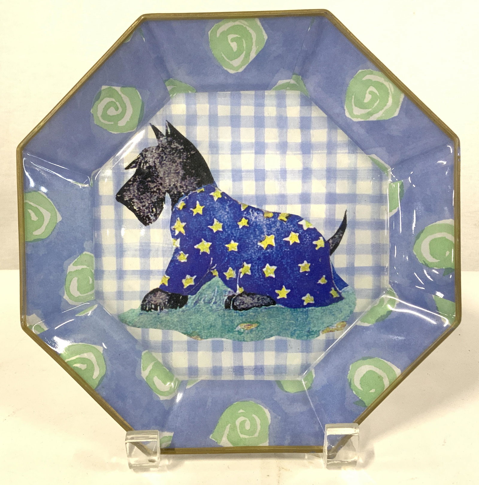 MOONLIGHTING INTERIORS Decorative Glass Dish: Octagonal decorative dish, depicts a Scottish terrier wearing a starry night gown. Crafted from glass, rim is colored with gilt paint. Underside reads as MOONLIGHTING INTERIORS FOR DECORATIVE USE ONLY