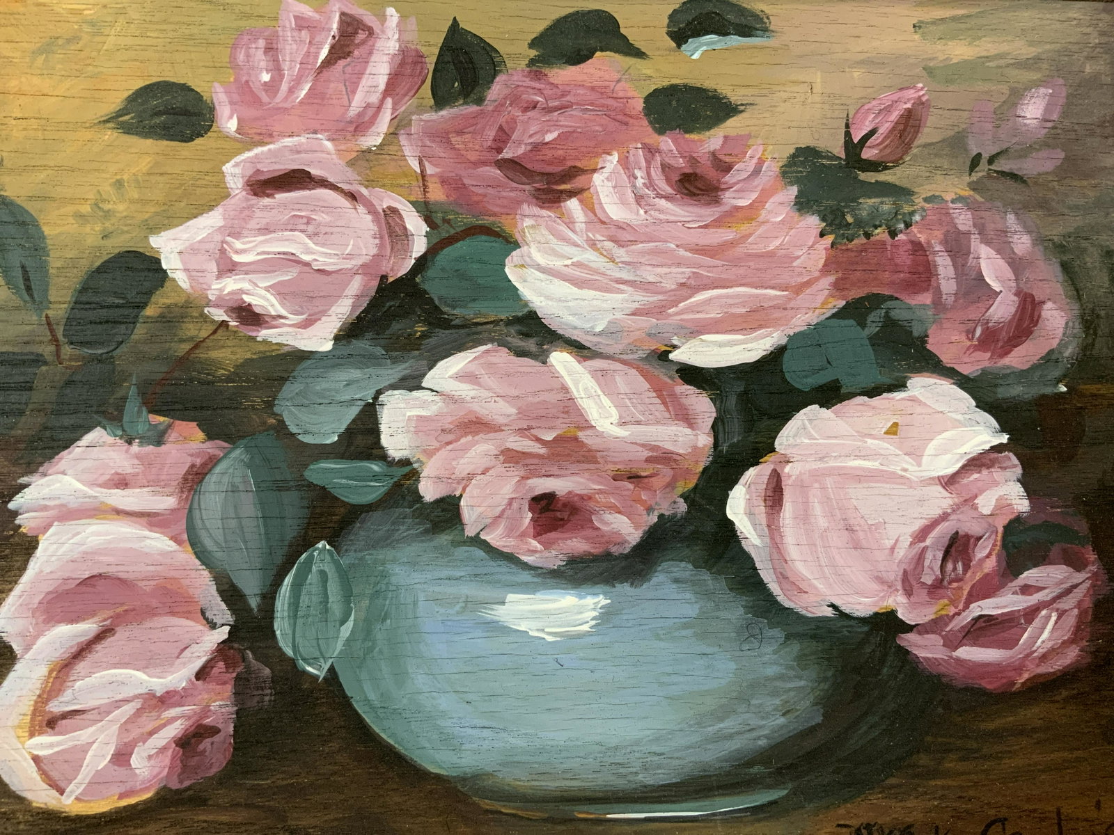 MARY KAY CROWLEY Signed Acrylic Painting 1999: MARY KAY CROWLEY Signed Acrylic on board Painting 1999, signature to lower right reads ‘Mary Kay Crowley 99’, inscription to reverse reads ‘an original acrylic on wood ‘Pink Roses’ by Mary K