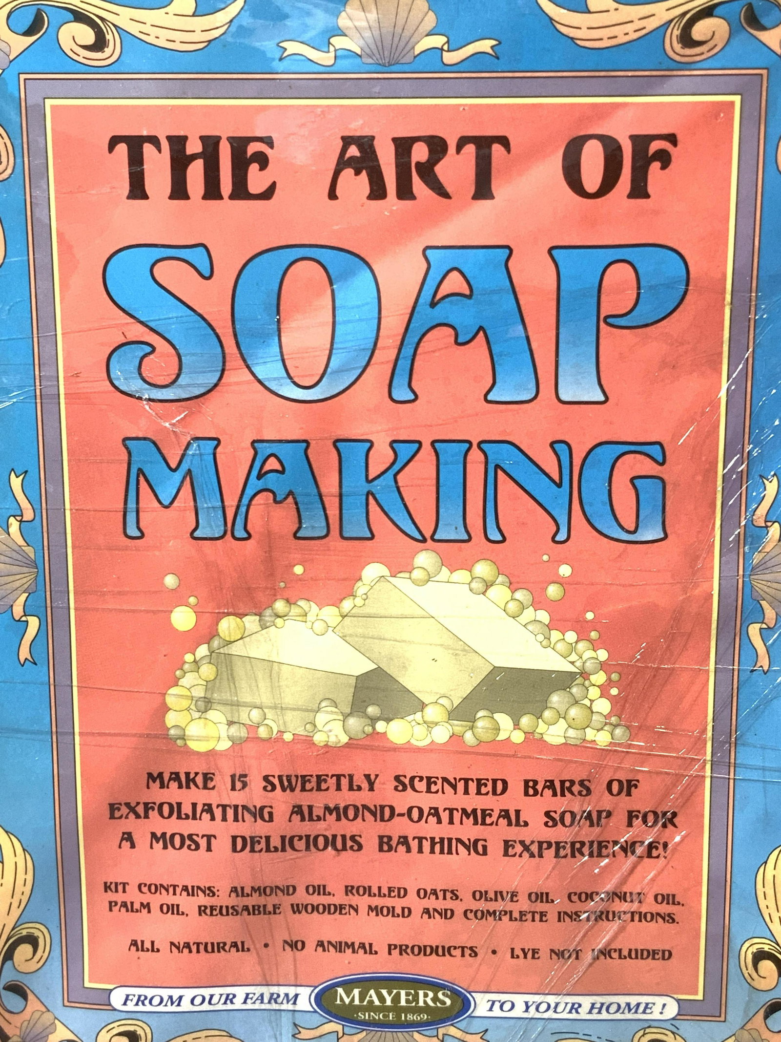 Vintage THE ART OF SOAP MAKING Kit, Org Box: Vintage soap making kit. Appears to have never been open. Not examined out of original product packaging. Reads: The Art of Soap Making. Crafted by Mayers. The underside details history about Mayer’