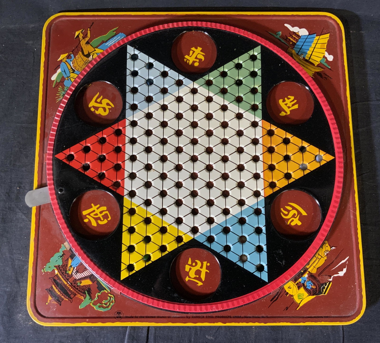 Vintage RANGER STEEL PRODUCTS Chinese Checkers: Vintage RANGER STEEL PRODUCTS Chinese Checkers, c 1945, has 59 pieces, inscription reads ‘Made in the United States of America by Ranger Steel Products Corp, measures 15 x 15 inches, some surface we