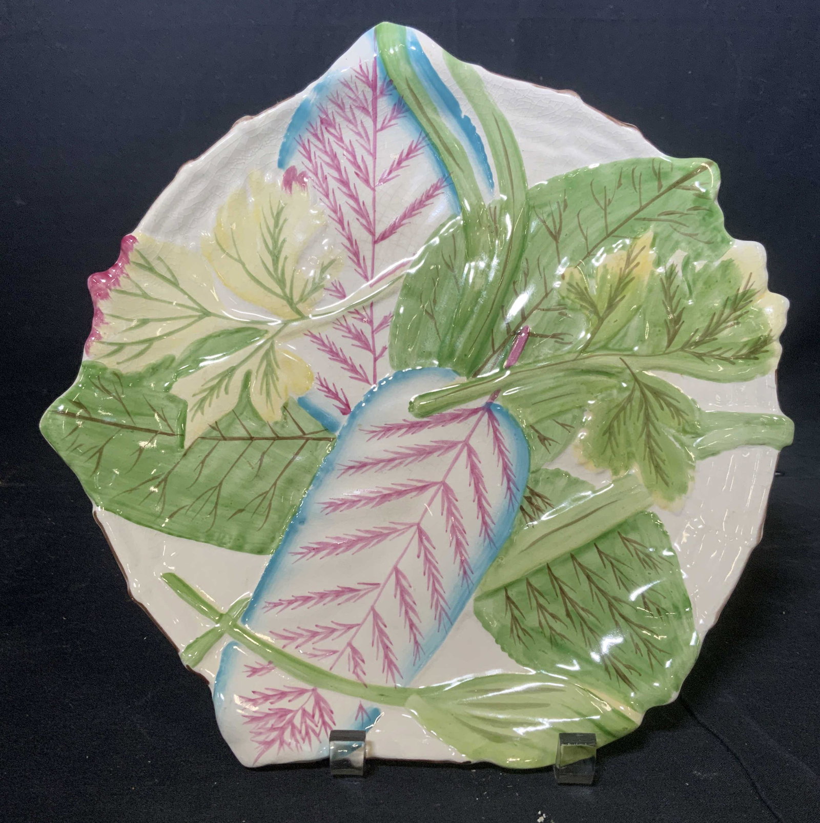 MOTTAHEDEH Vintage Hand Painted Ceramic Plate: Hand painted MOTTAHEDEH plate. Resembles leaves, layered on top of one another. Plate is glazed, crazing present. Underside reads as REPRODUCTION OF CHELSEA CIRCA 1755, CROM CASTLE, STATELY HOMES SIR 