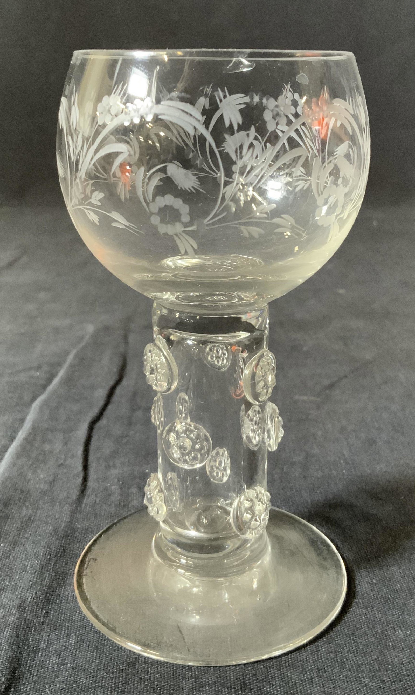 Etched Glass Goblet with Floral Motifs: Etched Glass Goblet with Floral Motifs, no apparent inscriptions or marks, measures 4 5/8 x 2 1/2 inches in diameter at base, small chip to rim, Glass, drinking glass, goblet, chalice, decorative arts