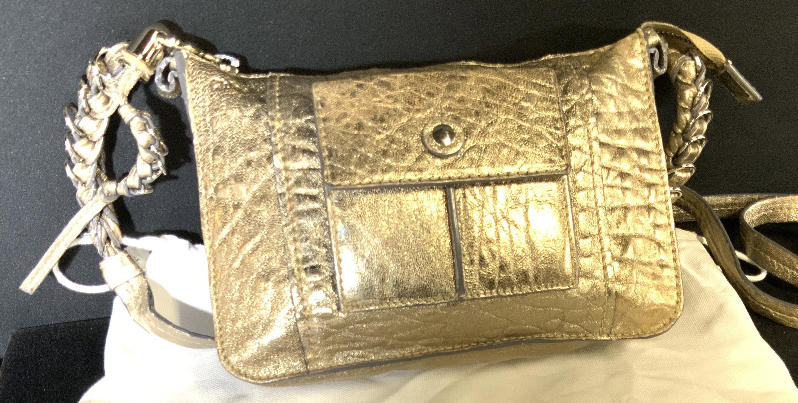 CHLOÉ Gold Leather Purse w/ CHLOE Dust Bag: Vintage Soft leather shoulder bag, cross body bag. Metallic Gold. Hallmarked CHLOÉ ( impressed into leather upper left). Zipper compartment, long strap, 28 in. drop, some wear to strap. Crisp whit du