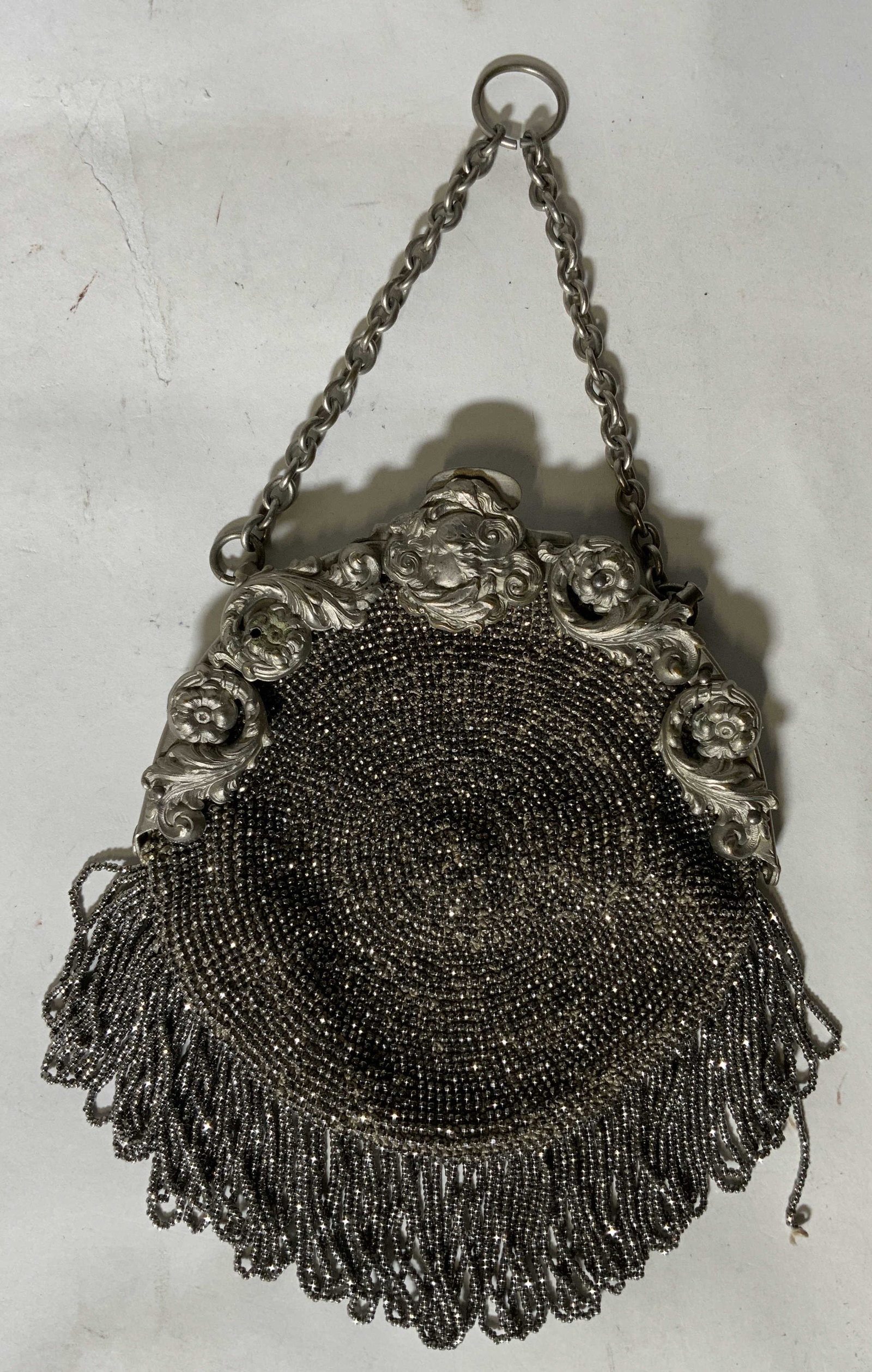 Vintage Beaded Chatelaine Purse: Vintage Beaded Chatelaine Purse, inscription reads ‘Patd Sept 8,90’, measures 4 inches in diameter, fringe measures 1 3/8 inches long, drop measures 3 1/2 inches, one decorative piece is loose and