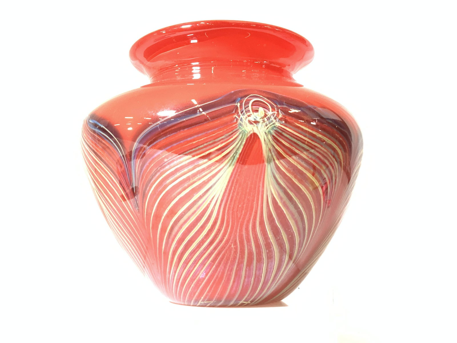 Signed FELLERMAN & RAABE Pulled Feather Glass Vase: Rare All Red Hand blown art glass vase/ vessel, SIGNED, reads ‘ Love Stephen’ ‘Raabe, c. ‘04.’ Underside also has writing ‘ For ‘ ( name illegible) indicating this piece was signed or ma