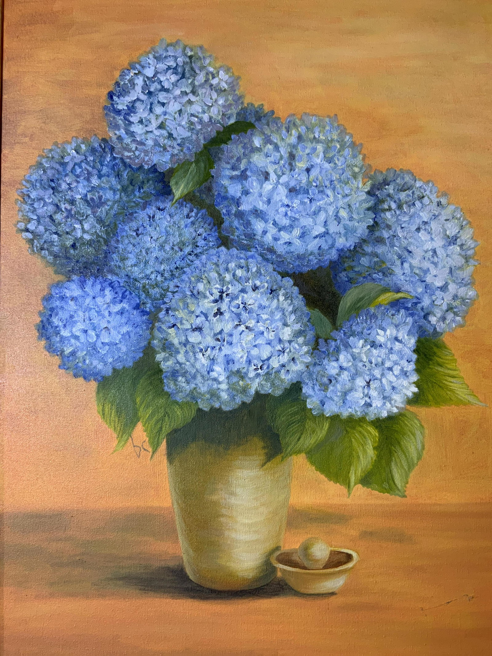 BARBARA CORBETT Signed Acrylic Painting Artwork: BARBARA CORBETT Signed Acrylic Painting, signature to lower left reads ‘BC’, label to reverse reads ‘Hydrangeas I’, inscription to reverse reads ‘Barbara Corbett’, label affixed to reverse
