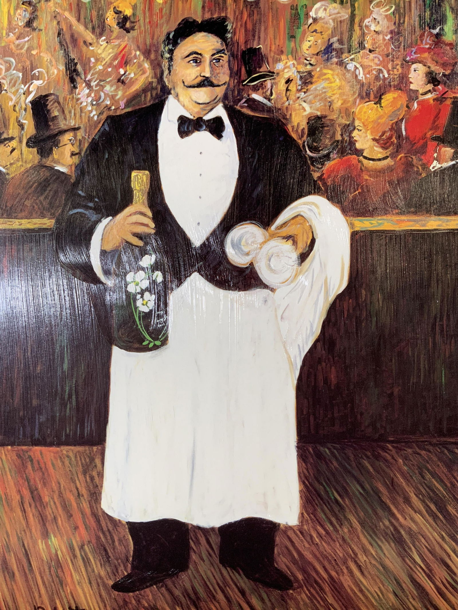 GUY BUFFET Moulin de la Galette Giclee Artwork: GUY BUFFET Moulin de la Galette Giclee Artwork, inscription to lower left reads ‘Guy Buffet’, subject a waiter holding a bottle of wine and glasses, measures 21 1/2 x 16 1/4 inches, not framed, ex