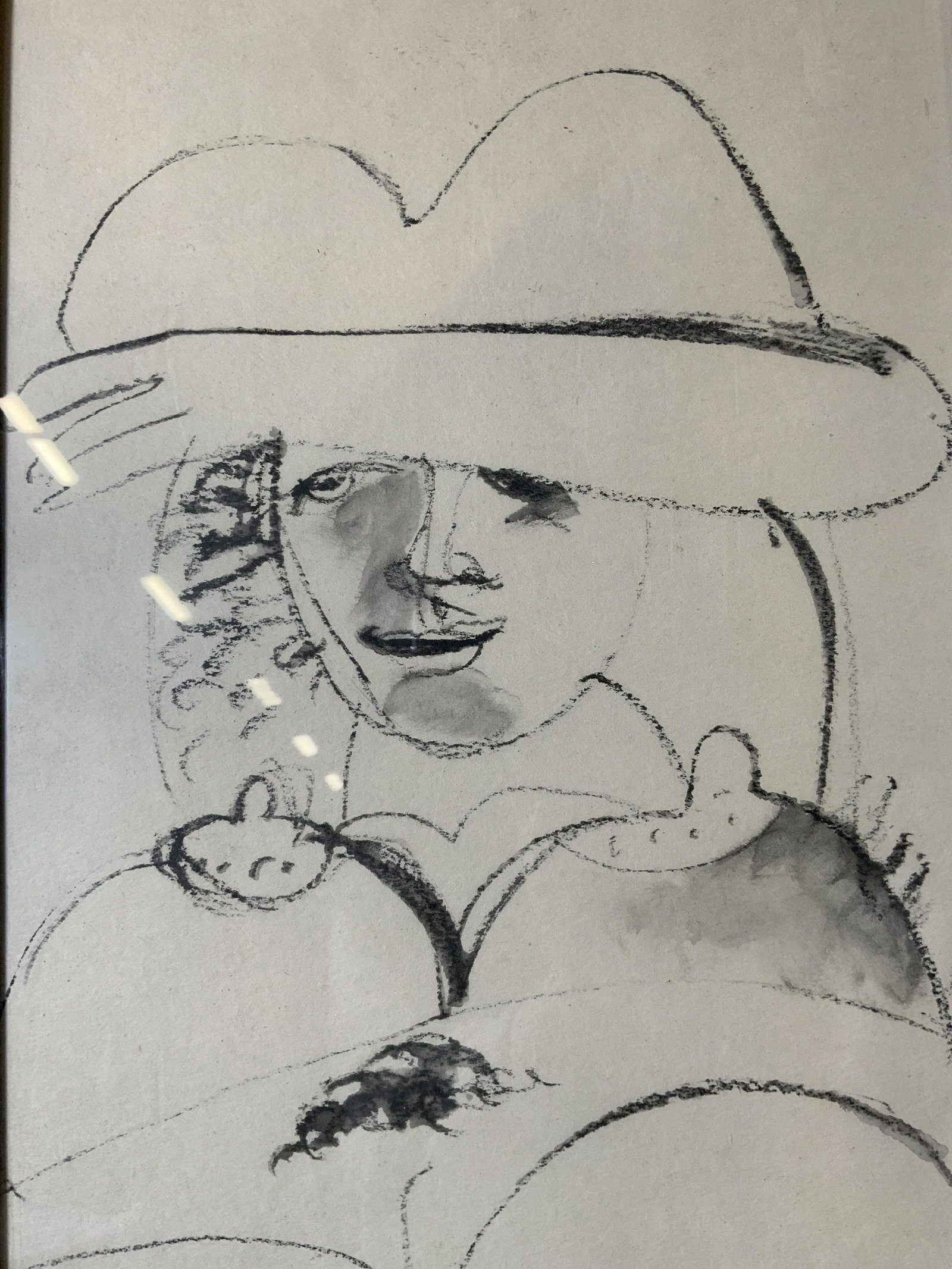 Graphite & Ink Drawing of Female Nude Artwork: Graphite & Ink Drawing of Female Nude, no apparent inscriptions or signatures, subject a reclining nude, measures 18 1/2 x 14 5/8 inches, wooden frame, some scratches to frame, professionally framed, 