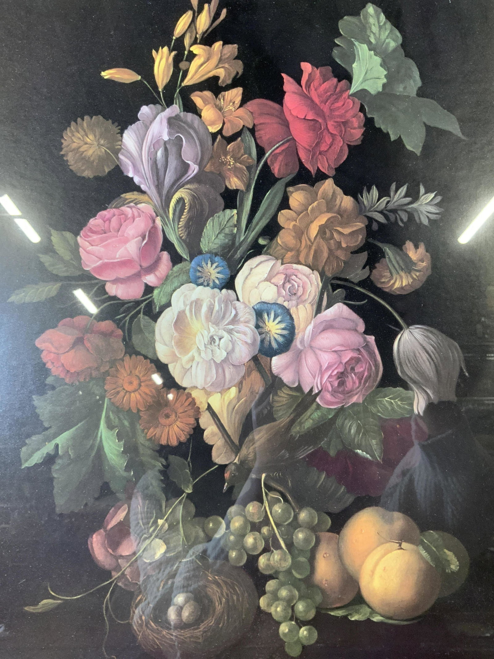 Offset Lithograph of Still Life with Bird & Nest: Offset Lithograph of Still Life with Bird & Nest, inscriptions read ‘AAK NY Litho in USA’, subject Northern Baroque style depiction of flowers with a bird, nest, and peaches, measures 23 7/8 x 20 