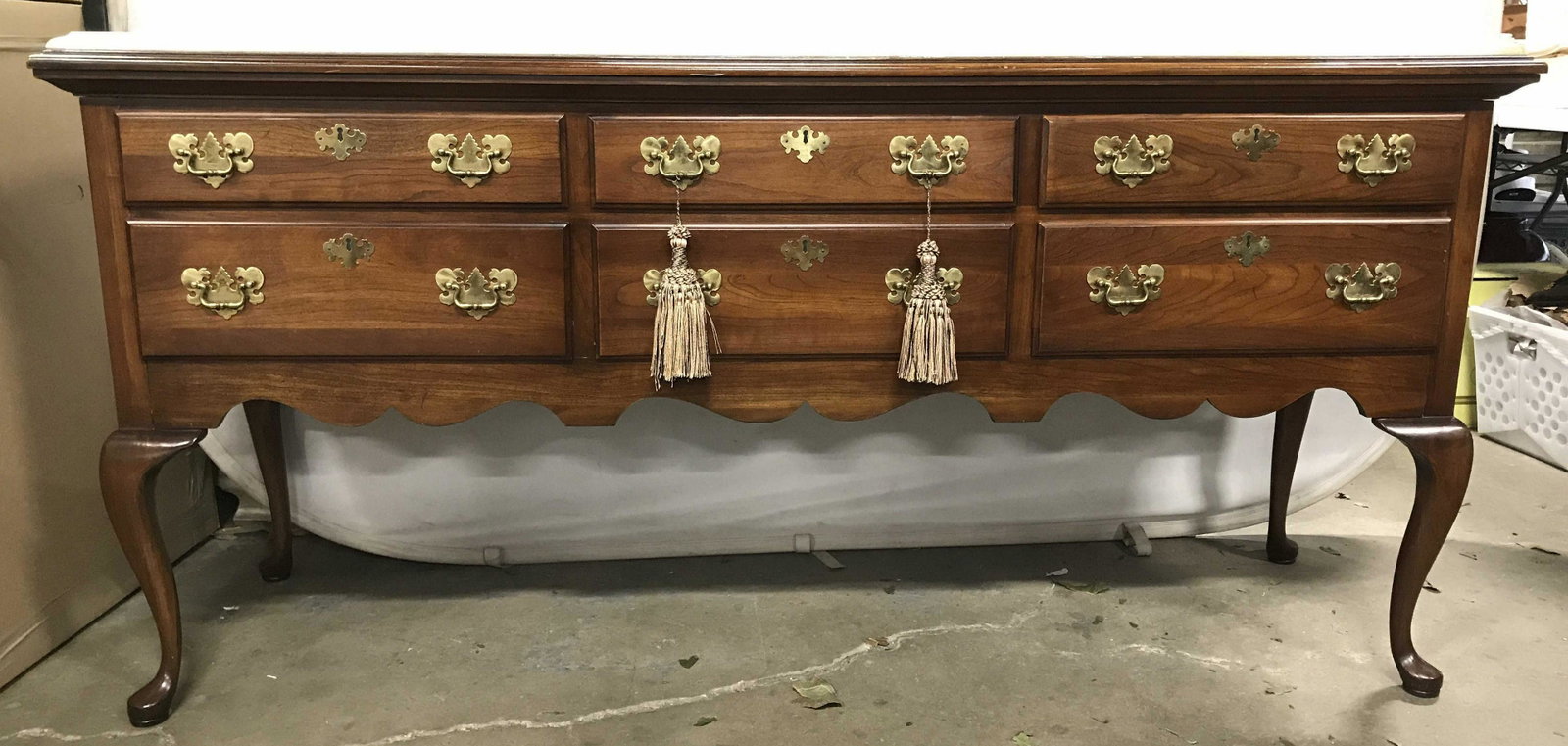 W&J SLOANE Marble Top Carved Wooden Buffet: Backside of piece has tag which reads SLOANE. Buffet has 6 drawers. Each have hand dovetailing and gold toned brass handles. Buffet has carved wooden Cabriole style legs. Buffet, wooden buffet, marble