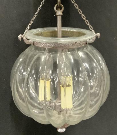 Gourd Style Ceiling Pendant Light: Silvered brushed metal ceiling plate and light accents, copper wiring, 3 chandelier lights inside bowl shape fixture, rimmed style similar to a pumpkin. This section 9.5 in. Wide. App 16 in. L ( witho