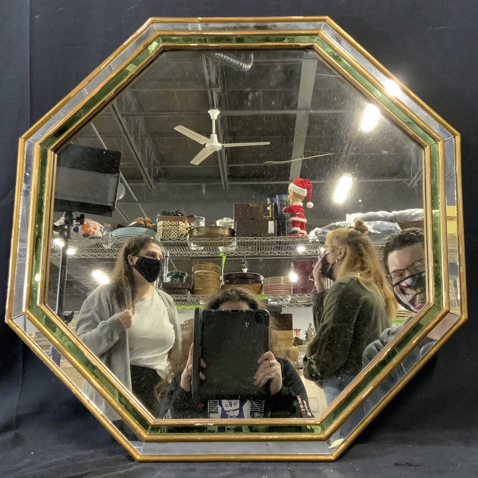 Antique Octagonal Mirror Inset Green Glass: Antique octagonal mirror with inset green glass and gilt wood borders, origin French c.1950, 28 inches in diameter, some chips to gilding overall in good condition, Antique, octagonal mirror, mirror, 