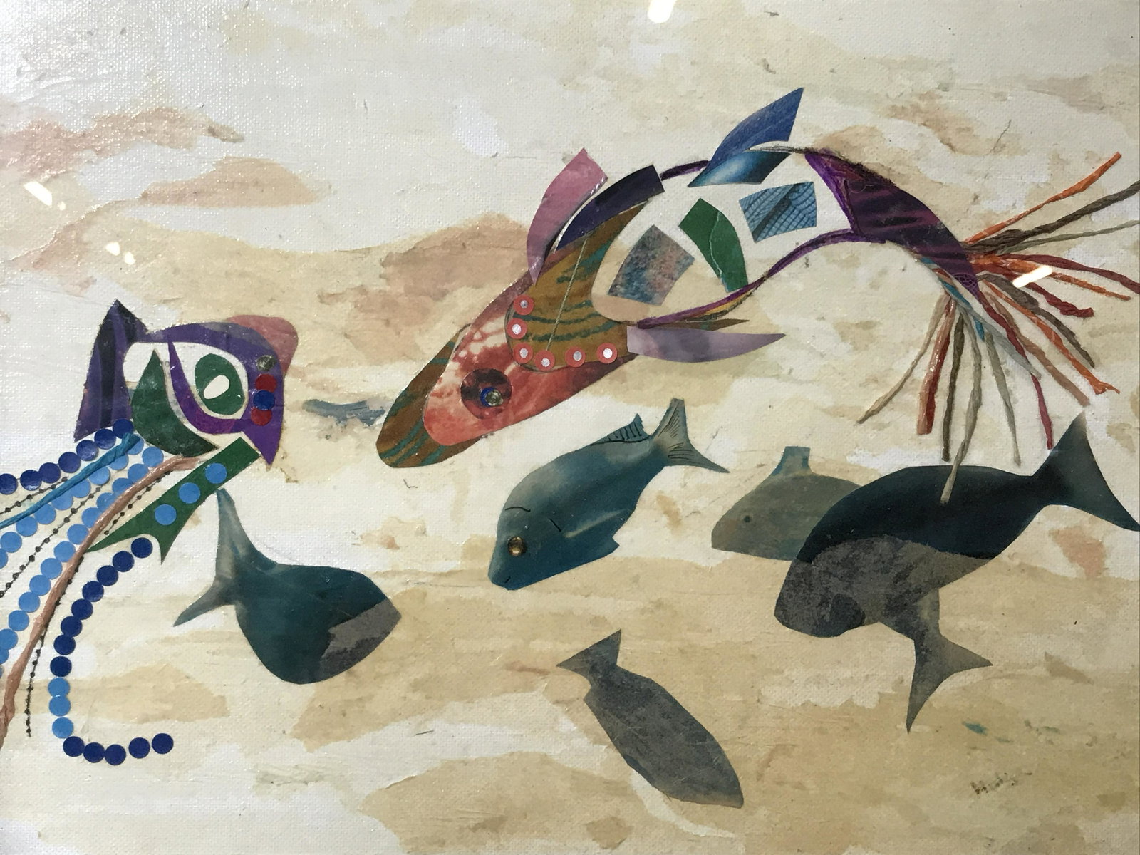 Signed Mixed Media Collage Helga Brinitzer: Signed mixed media collage on canvas board, signature in the lower right corner reads Helga, label affixed to reverse reads ‘Fish Story, Collage 1941, Multi Media on Canvas Board, 16x20, $235 Helga