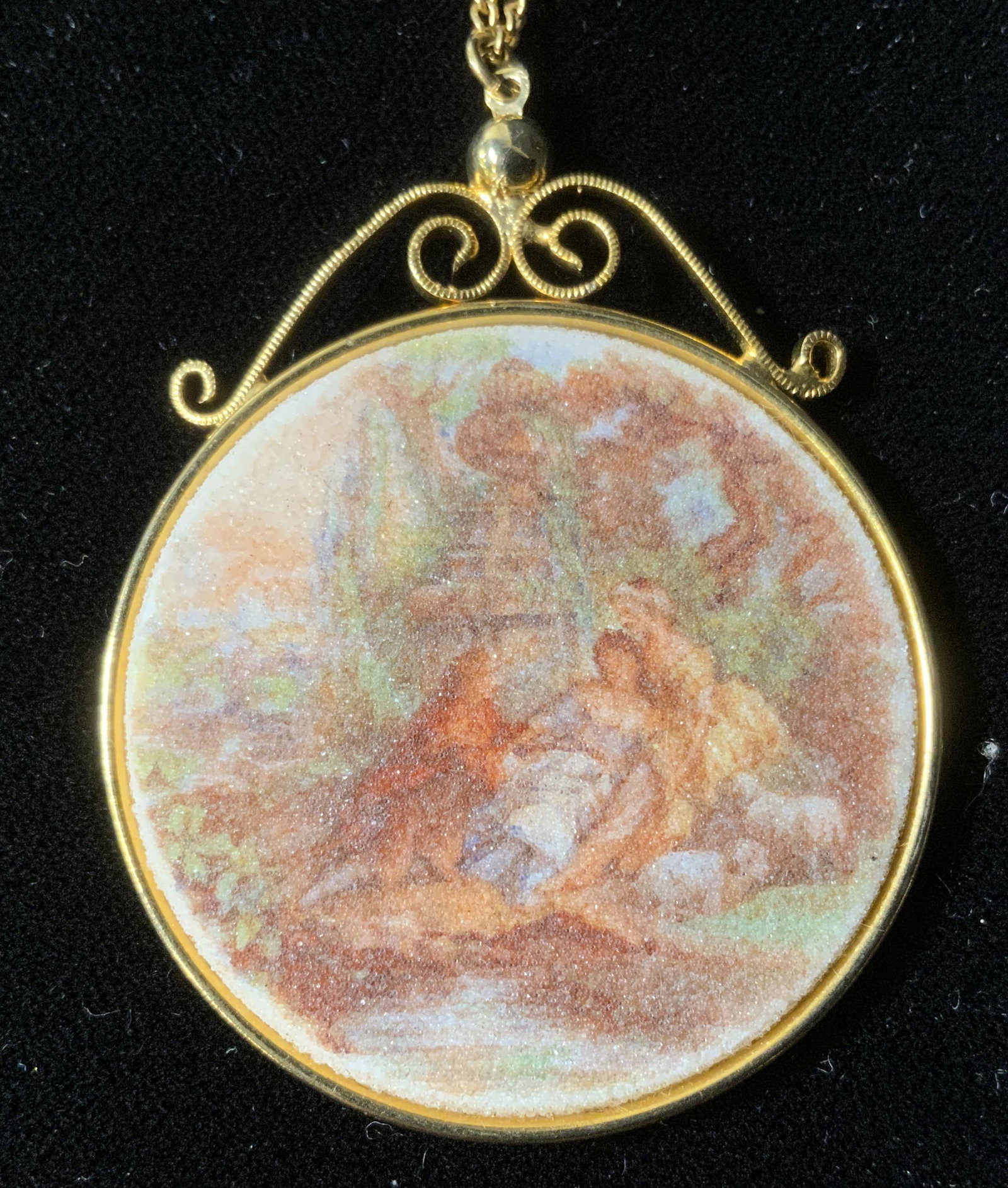Rococo Style Pendant Necklace, Jewelry: Necklace with Rococo Style Pendant, no apparent inscriptions or marks, pendant measures 1 7/8 inches in diameter, chain measures 15 1/2 inches long, some surface wear but overall in good condition. Sc