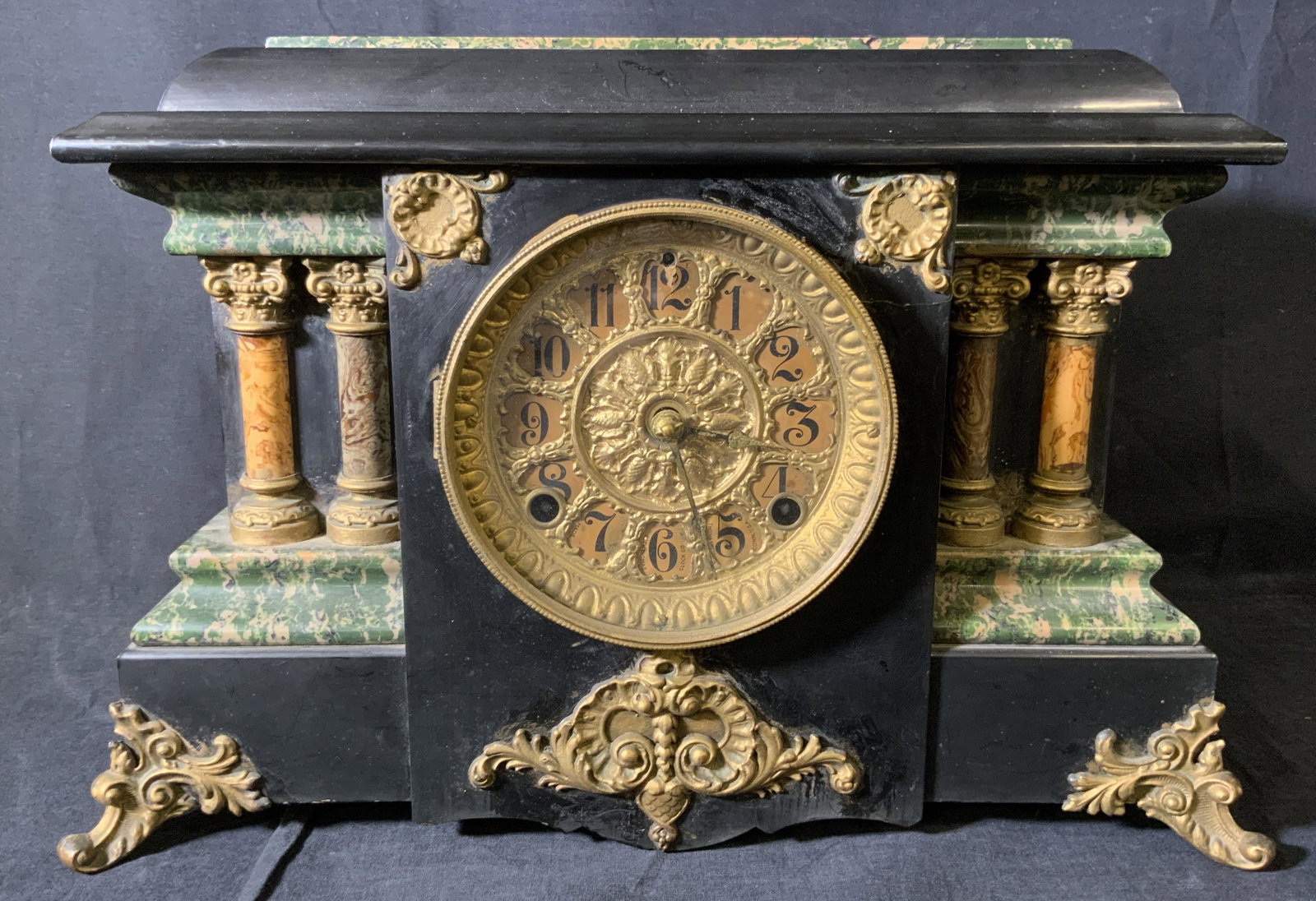 Antique SETH THOMAS Adamantine Mantel Clock 1900: Antique SETH THOMAS Adamantine Mantel Clock 1900, inscription to face reads ‘Seth Thomas Made Conn, USA’, inscriptions read ‘Imperial’, ‘25571’, and ‘0091C’, label affixed to details i
