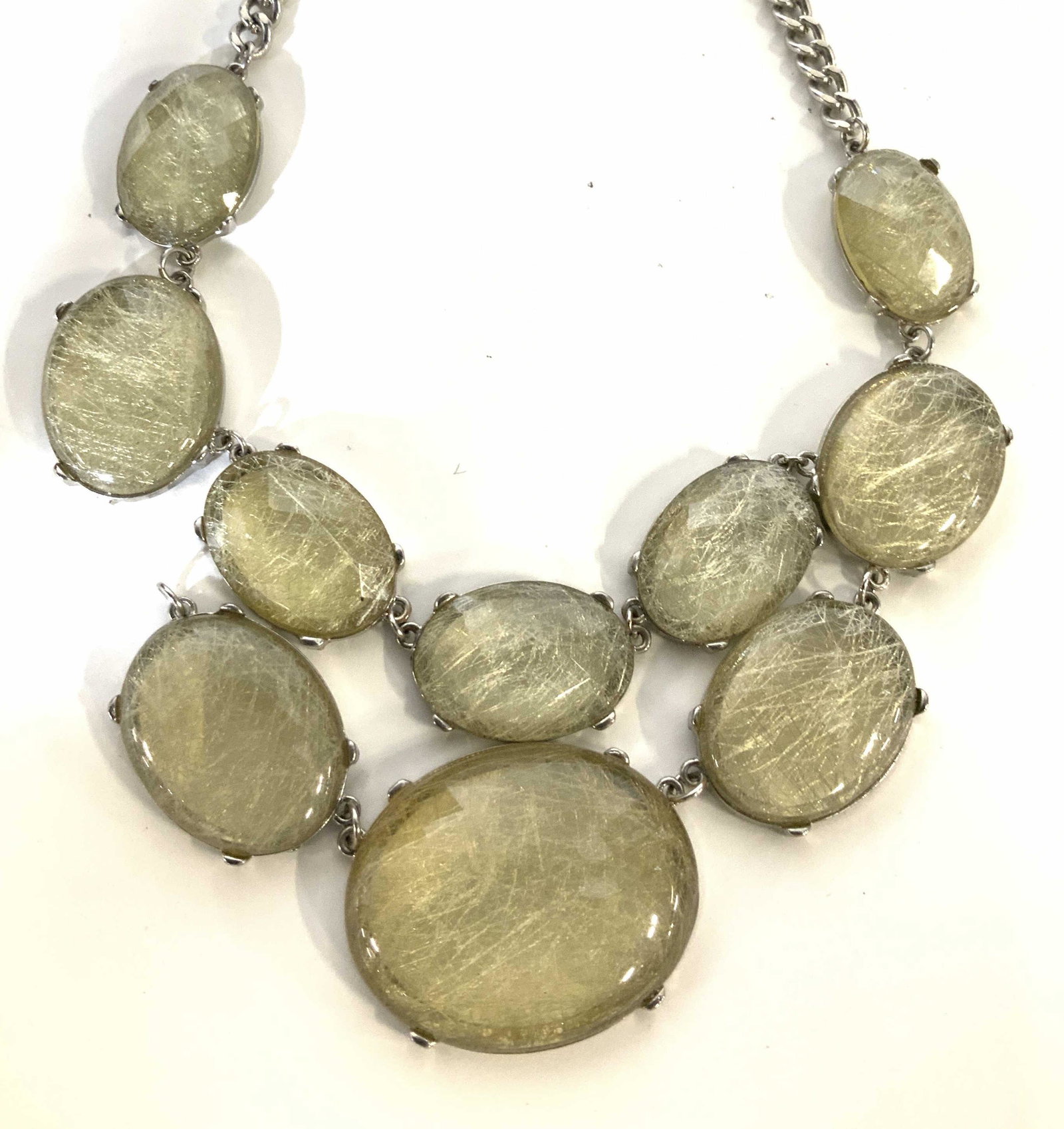 Chunk Fashion Bib Style Necklace, Jewelry: Oval accessory necklace in silver tone, chunky with quartz style striations. Lower section needs reattachment. Large lobster clasp. App 14- 16 in. Jewelry making, arts & Crafts, Up Cycle Jewelry Parts