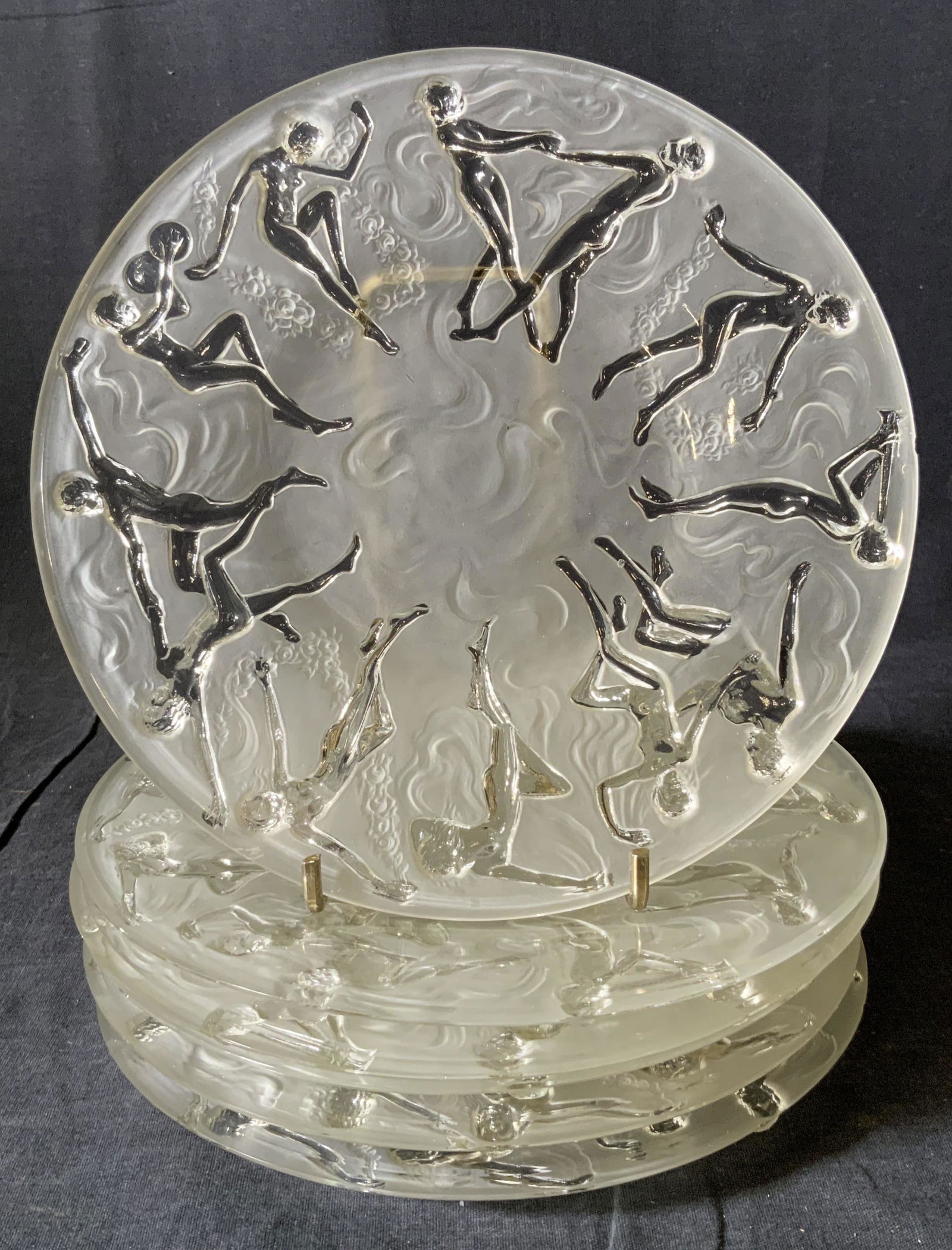 Set 6 CONSOLIDATED GLASS Martele Plates: Set 6 CONSOLIDATED GLASS Martele Plates, design features dancing nymphs, no apparent inscriptions or marks, all measure 8 1/4 inches in diameter, some surface wear and chips to plates, Set, consolidat