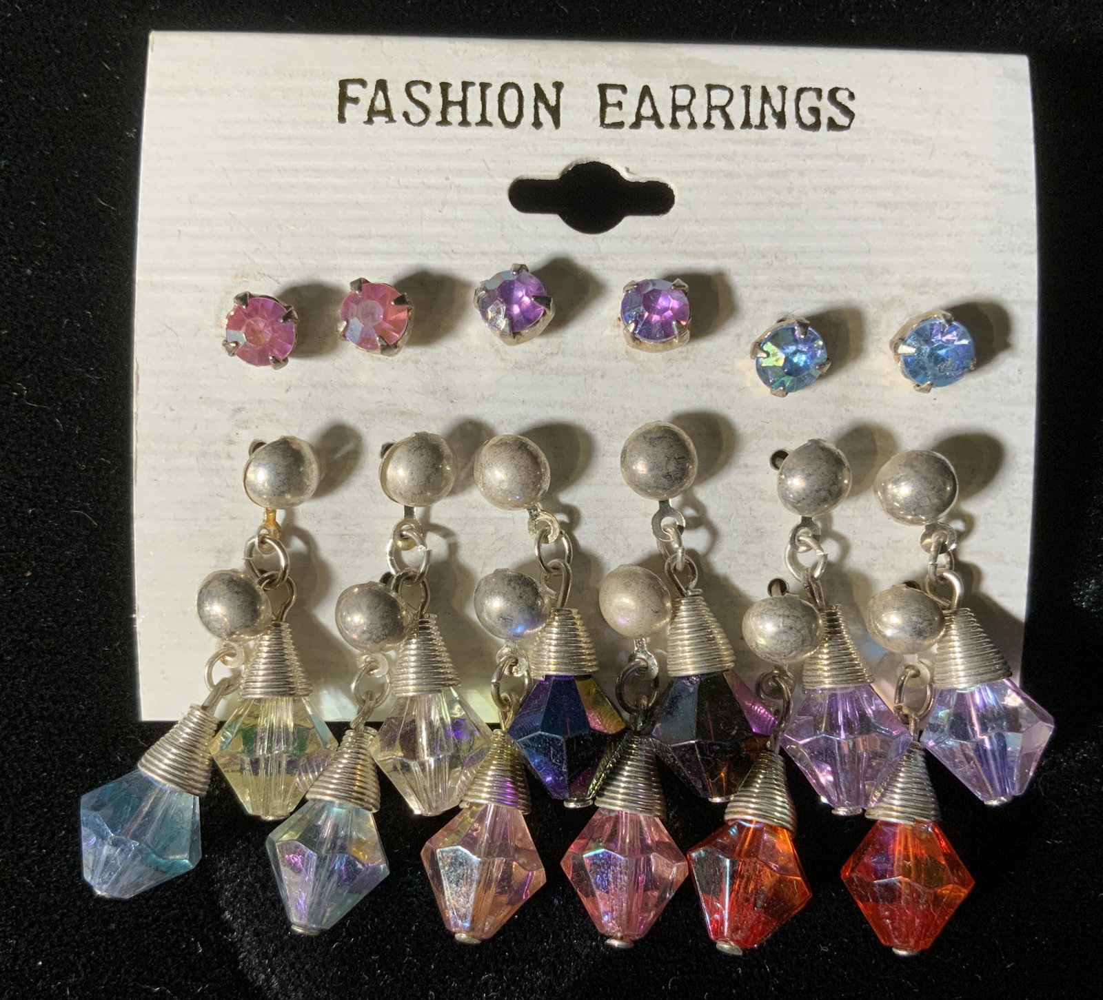Lot 3 Rhinestone Earrings, Enamel Pin, & Ring: Lot 3 Earrings, Pin, & Ring, no apparent inscriptions or marks to pieces, inscriptions to earring backing read ‘Fashion Earrings’ and ‘Made in Korea’, pin measures 1 7/8 x 1 1/4 inches, ring m