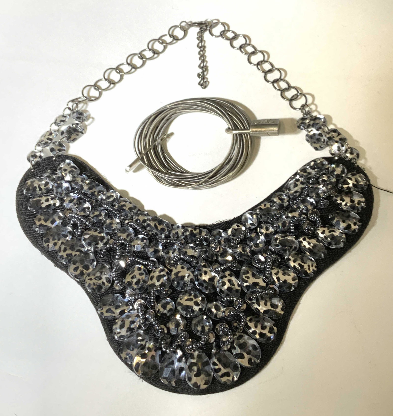 Lot 3 Handmade Bib Necklace, Lock Bracelets: Hand sewn onto felt and black tat are lightweight flat fashion beads. Beads extend to chain and fade out. Adjustable length, 12-14.5 in. Bib design 8 x 3.5 in. Multi Fashion bracelets linked together 