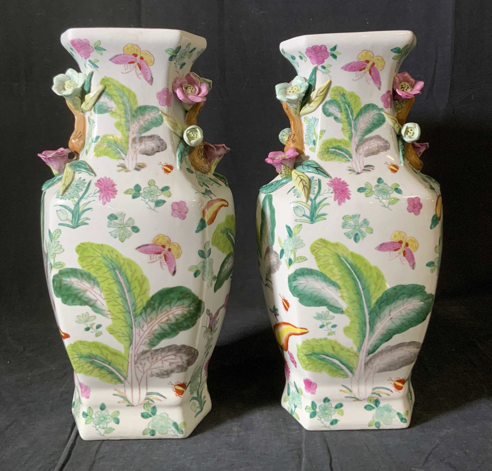 Pair GUMP’S Signed Asian Style Vases: Pair GUMP’S Asian Style Vases, inscription to base reads ‘Gump’s’, design features floral and vegetal motifs, both measure 14 1/2 x 6 7/8 inches at widest point, in good condition, Pair, gump�