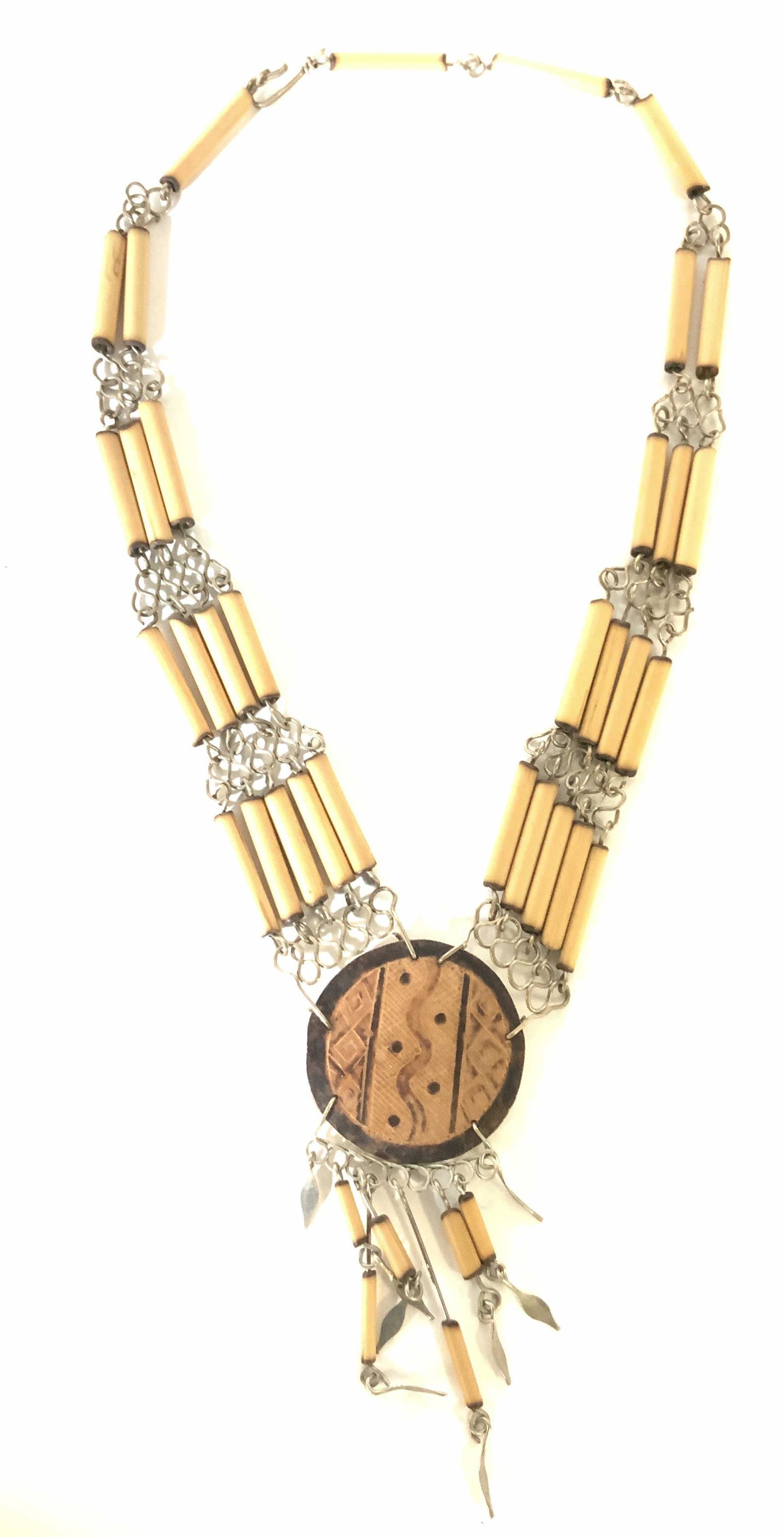 Lot 2 Primitive Wood Bead Necklaces, Jewelry: Wood Beaded necklace with seed beads in metallic bronze, drop tigers eye pendant set in silver tone. Adjustable chain, 14-16 in. Other necklace is also hand crafted using dried out grass type material