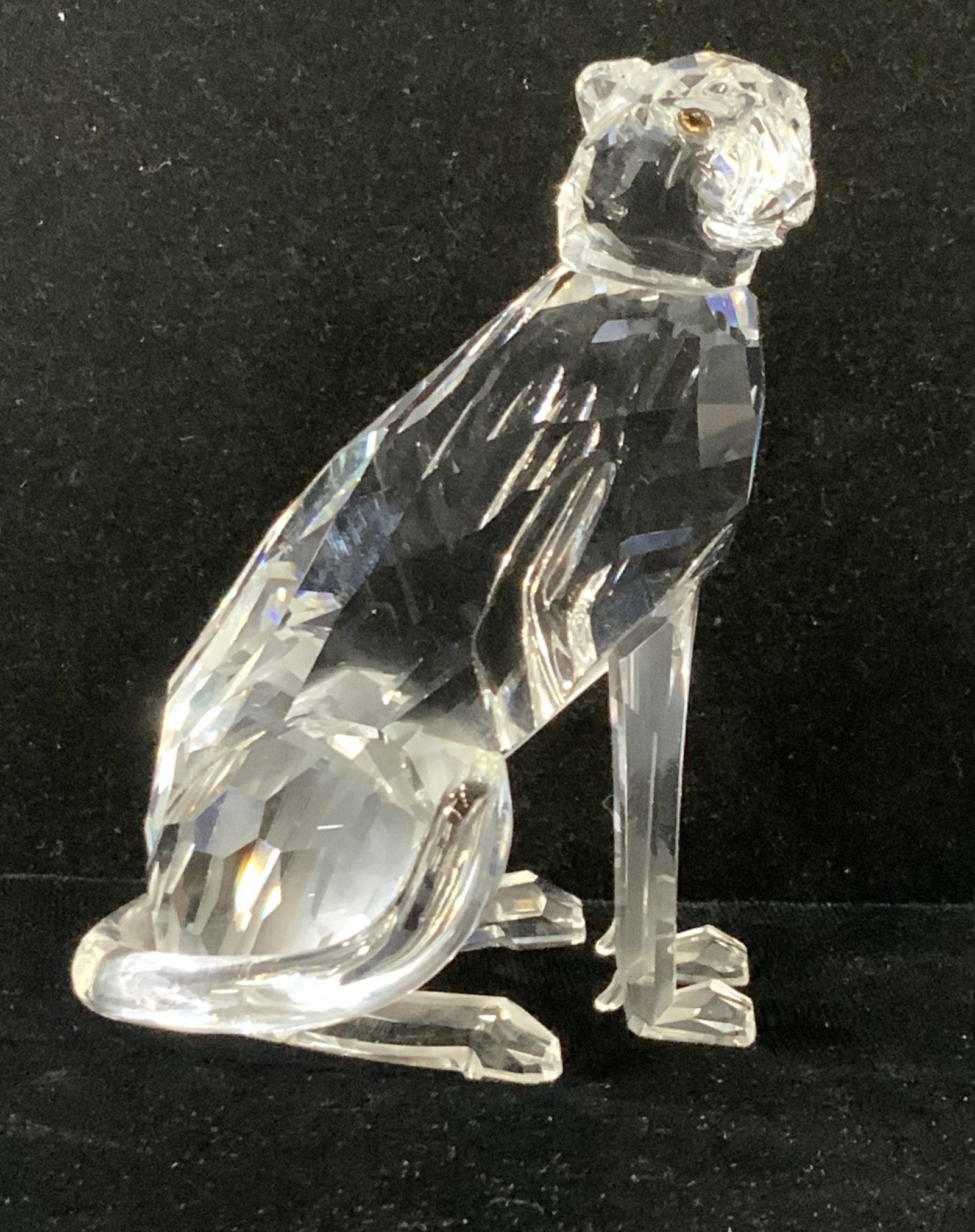 SWAROVSKI CRYSTAL PANTHER FIGURAL: Hallmarked SWAROVSKI CRYSTAL Feline Lioness/ Panther/ cat of prey. Hallmark near tail on verso. 3.5 in ht. 3 in. L. 3 in. W. Luxury Swarovski Figurine, Luxury Austrian Crystal, Austrian Crystal Decora