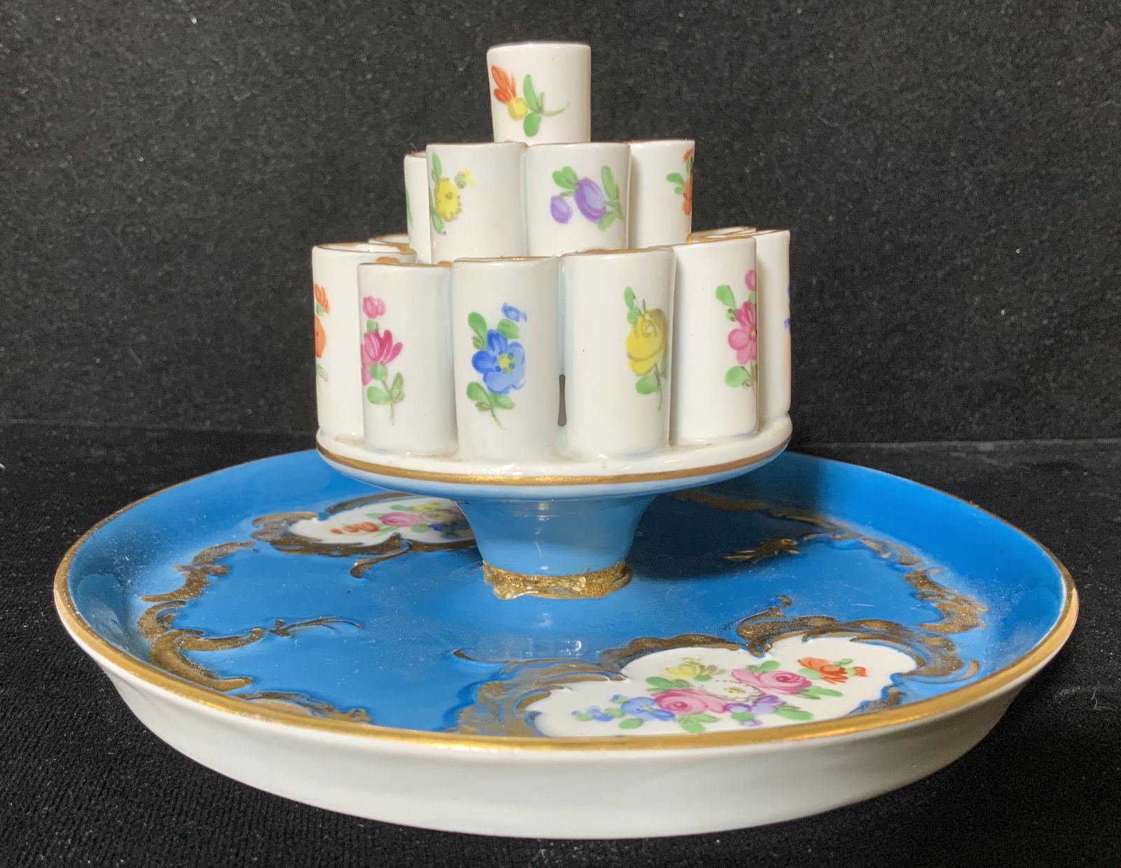 HALLMARKED DRESDEN PORCELAIN VESSEL, Germany: Carl Thieme Dresden porcelain cigarette holder with floral decoration, raised gilt and floral cartouche decor, painted blue plate. Marked to underside and reads Dresden. Up cycle as bud vase. 5.5 in.