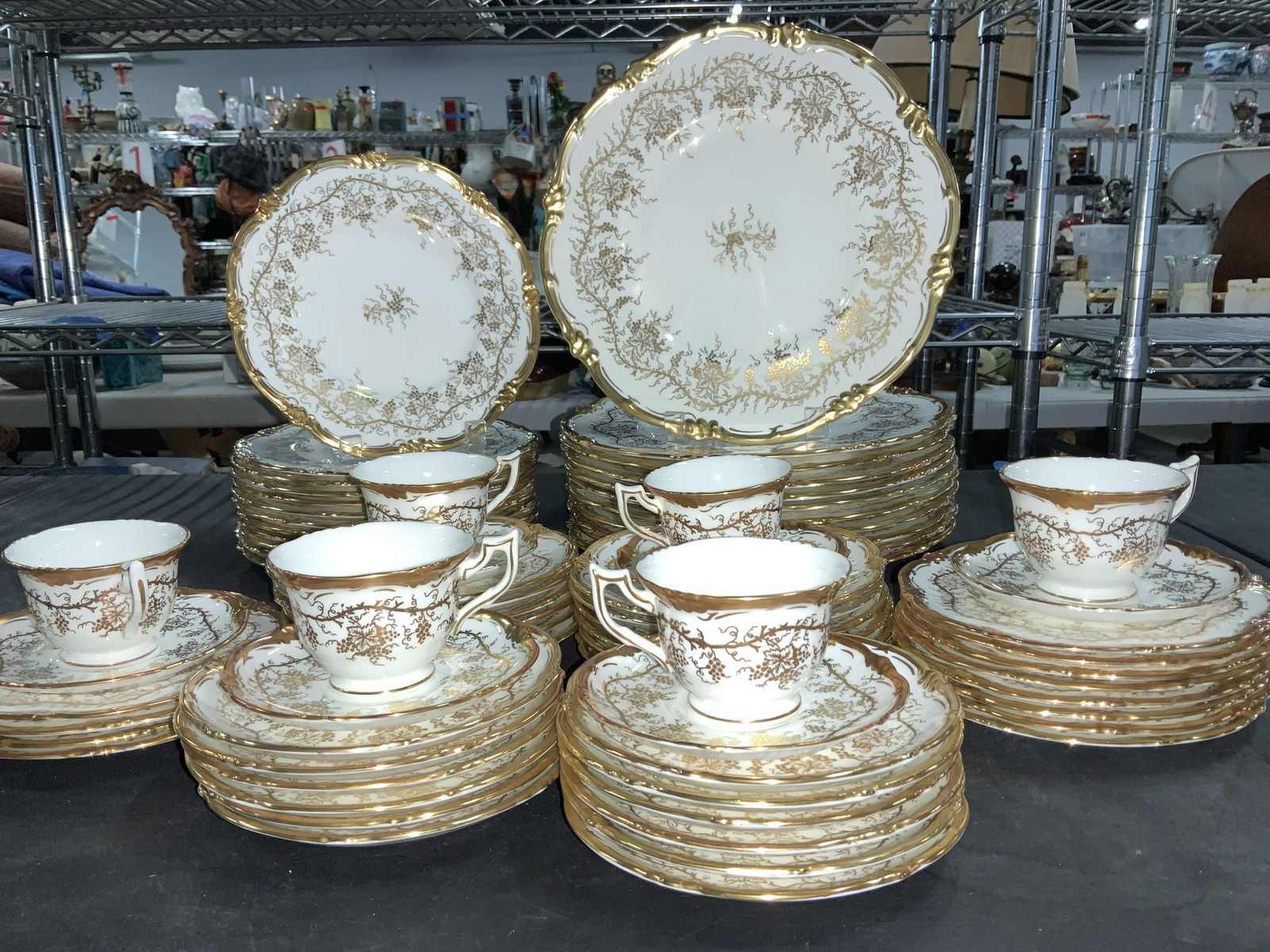 Set 92 ROYAL CAULDOON ’King’s Plate’ Chinaware: English Fine Bone China Dinnerware Set, White ware Porcelain and gilt grape vine decor, thick gilt rims, lovely dinnerware set with perfect white and gold contrast. Set includes11 dinner plates, 10.5
