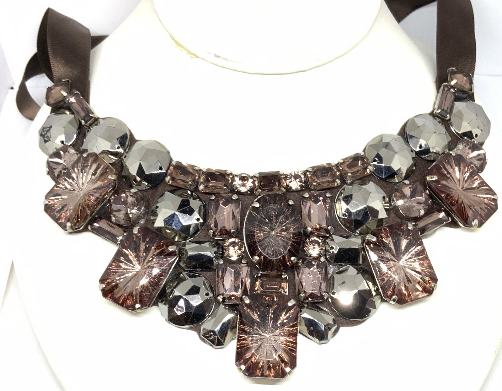 Oversized Rhinestone Bib Ribbon Necklace, Jewelry: Create your own perfect length using this satin chocolate ribbon to tie to almost any length. Glued rhinestones to a felt backing , this artisanal boutique design piece measures 6.5 x 2.5 in. Rhinesto