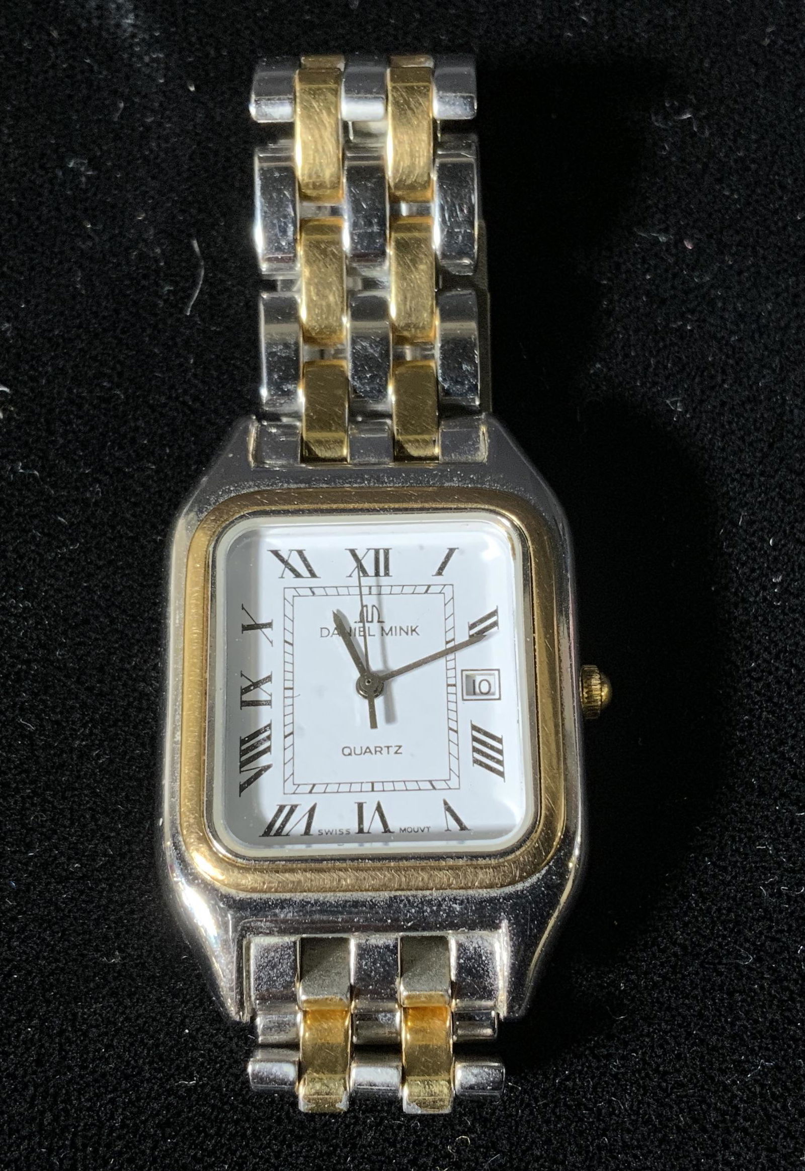 DANIEL MINK Two Tone Band Watch, Italy: DANIEL MINK Two Tone Band Watch, Italy, inscriptions to watch read ‘Daniel Mink Quartz Swiss Movt’, ‘Italy’, ‘Stainless Steel Back’, watch band measures 2 7/8 inches in diameter when uncla